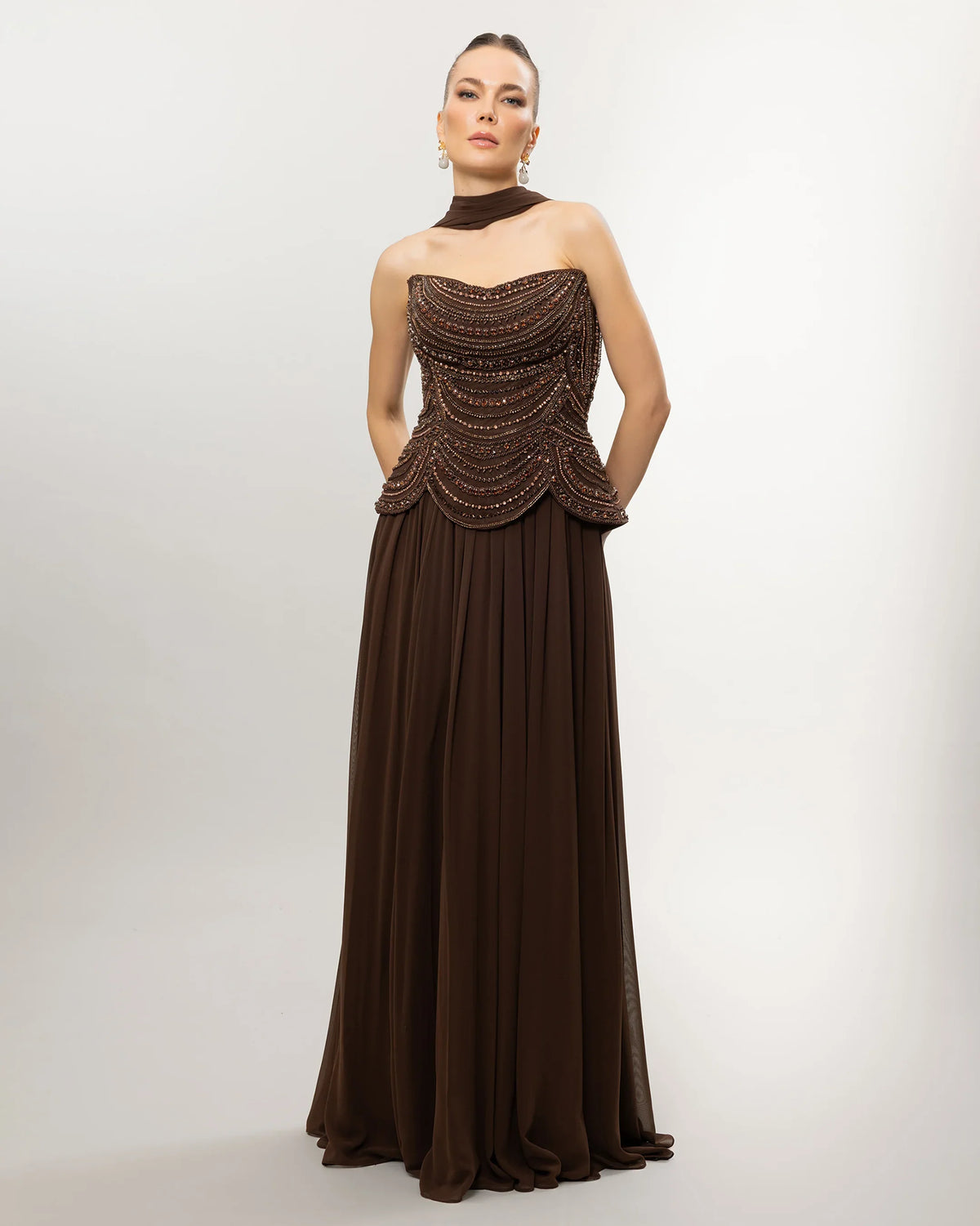 26114-Long Evening Dress with Embellished Corset