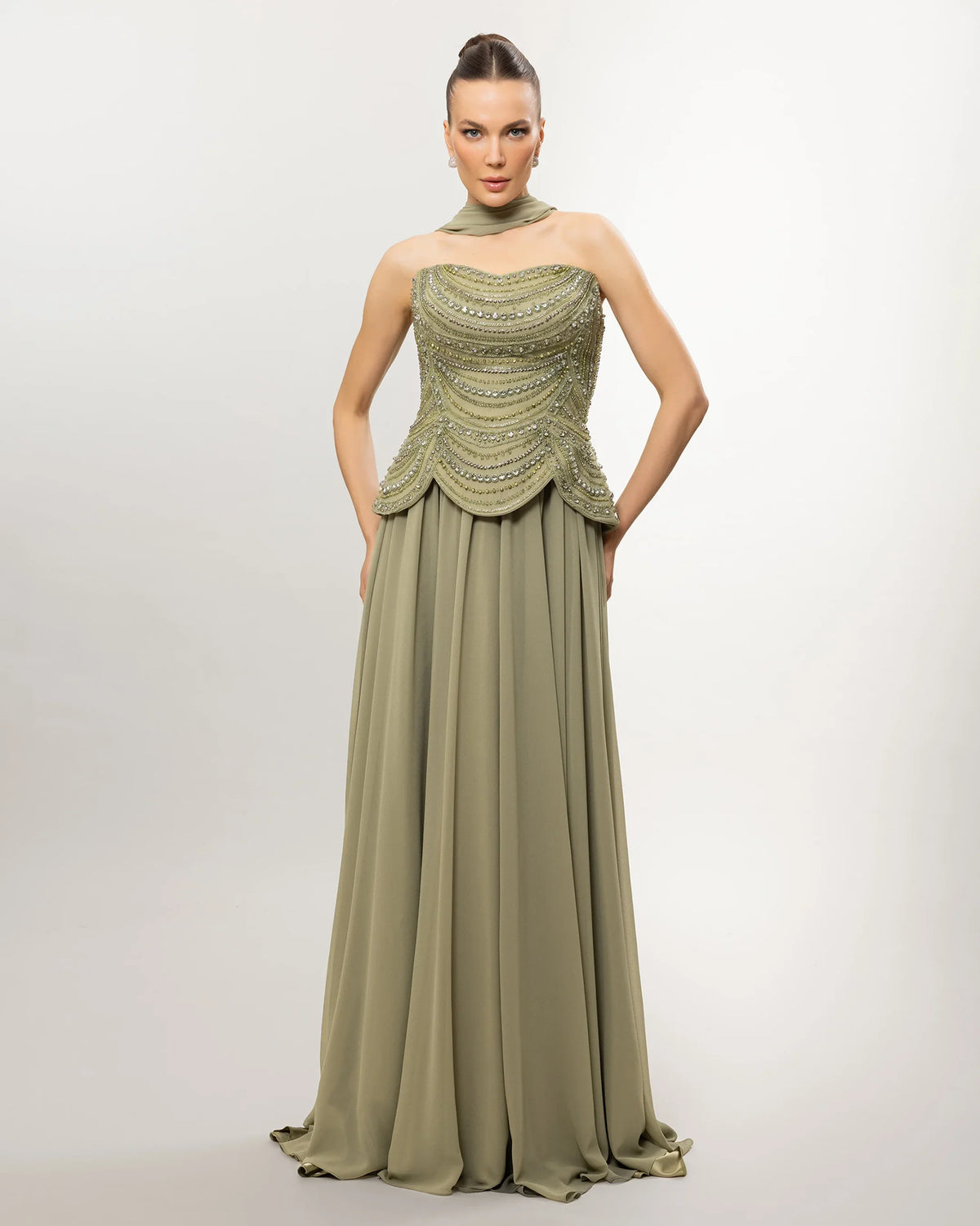 26114-Long Evening Dress with Embellished Corset