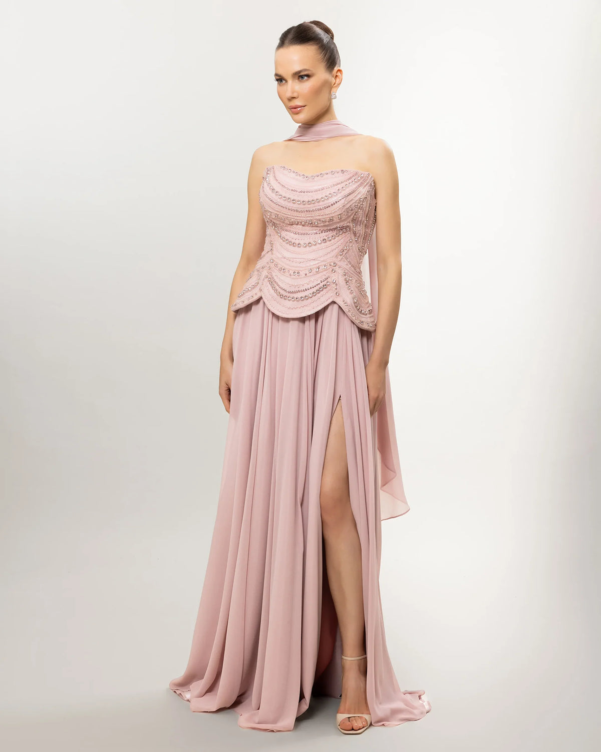 26114-Long Evening Dress with Embellished Corset