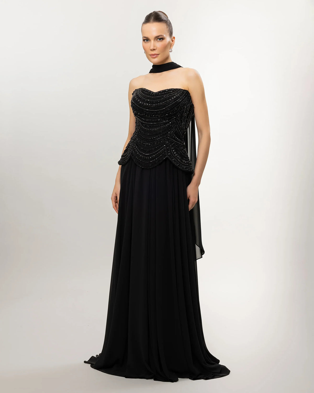 26114-Long Evening Dress with Embellished Corset