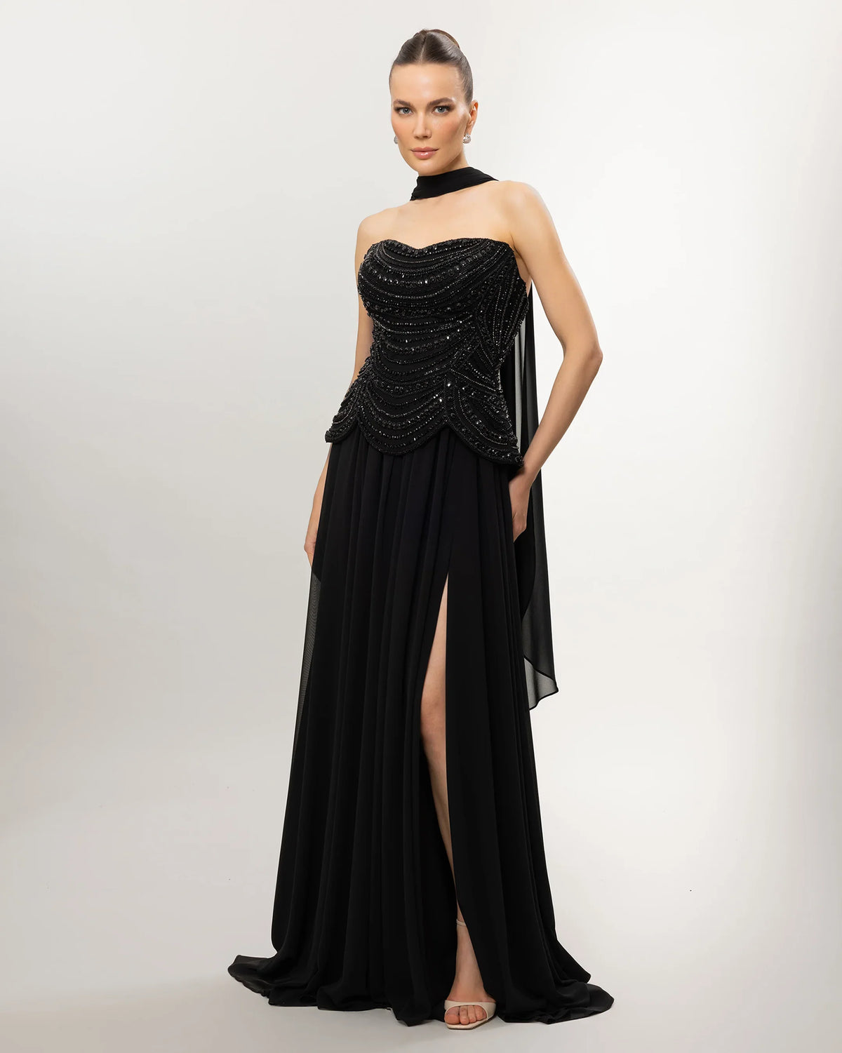 26114-Long Evening Dress with Embellished Corset