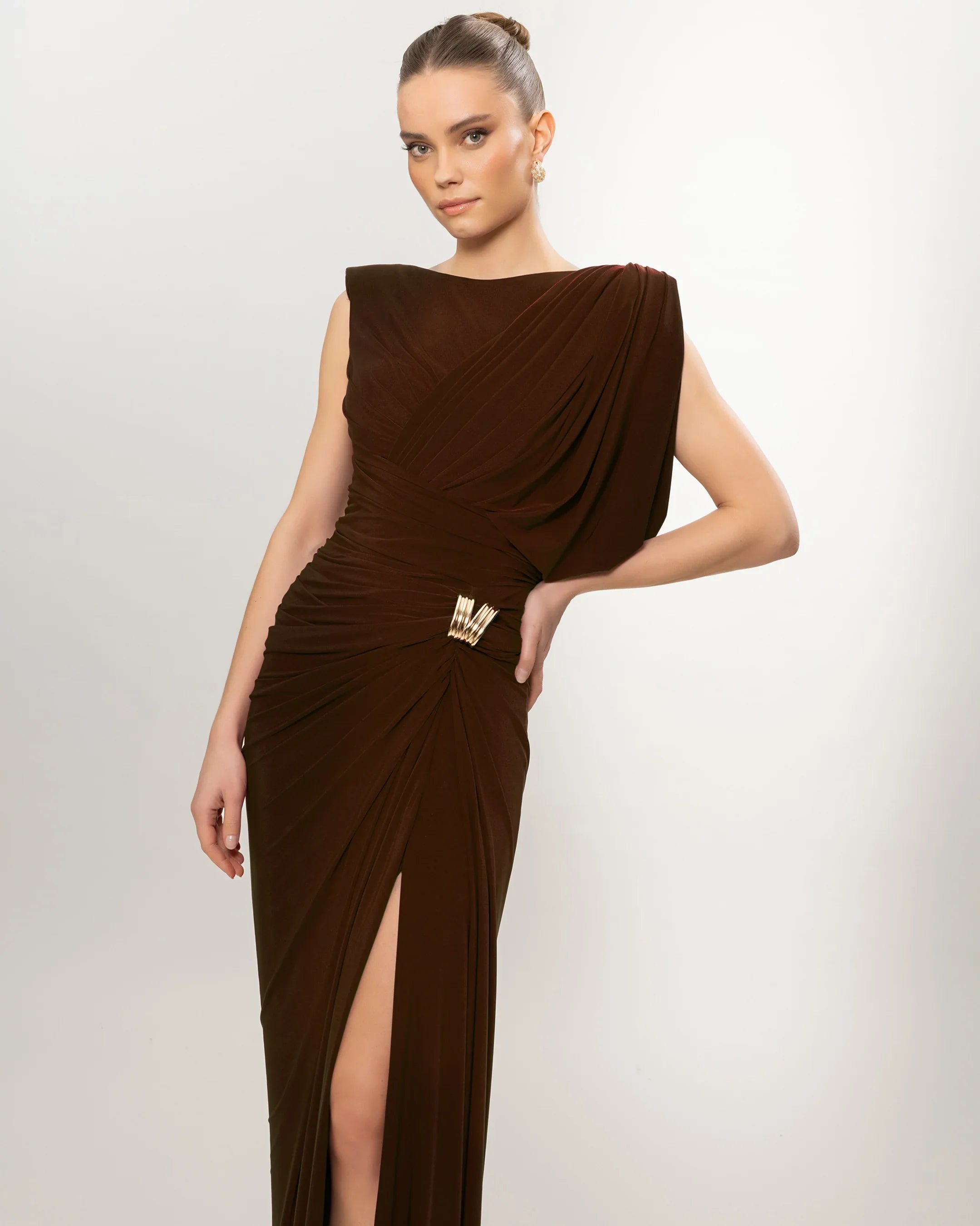 26131-Long Evening Dress with Draped One-Shoulder Detail and Slit