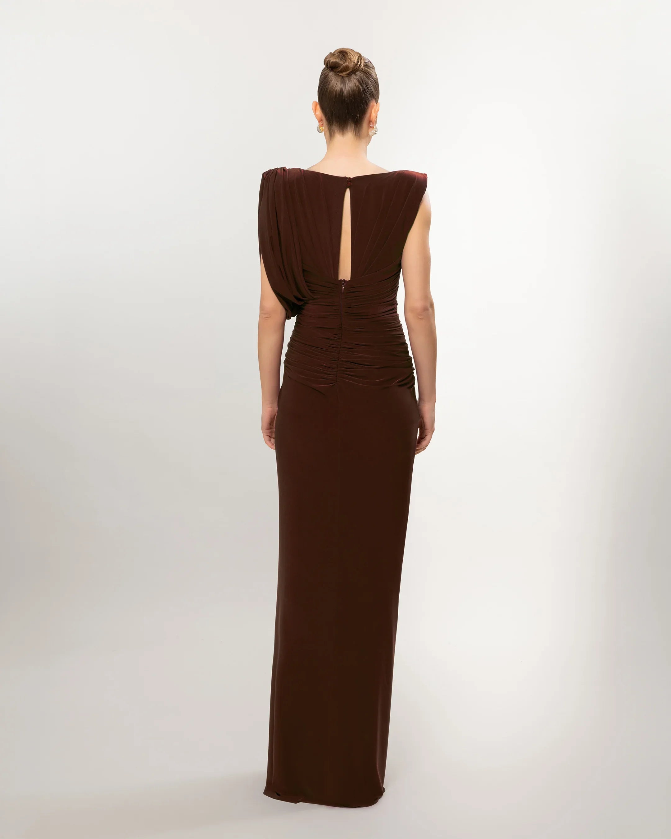 26131-Long Evening Dress with Draped One-Shoulder Detail and Slit
