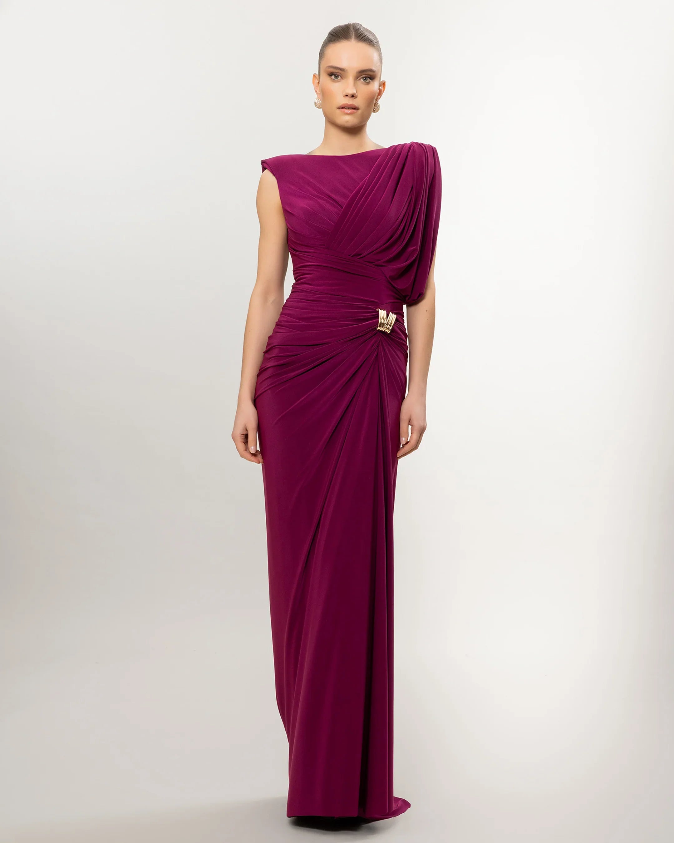 26131-Long Evening Dress with Draped One-Shoulder Detail and Slit