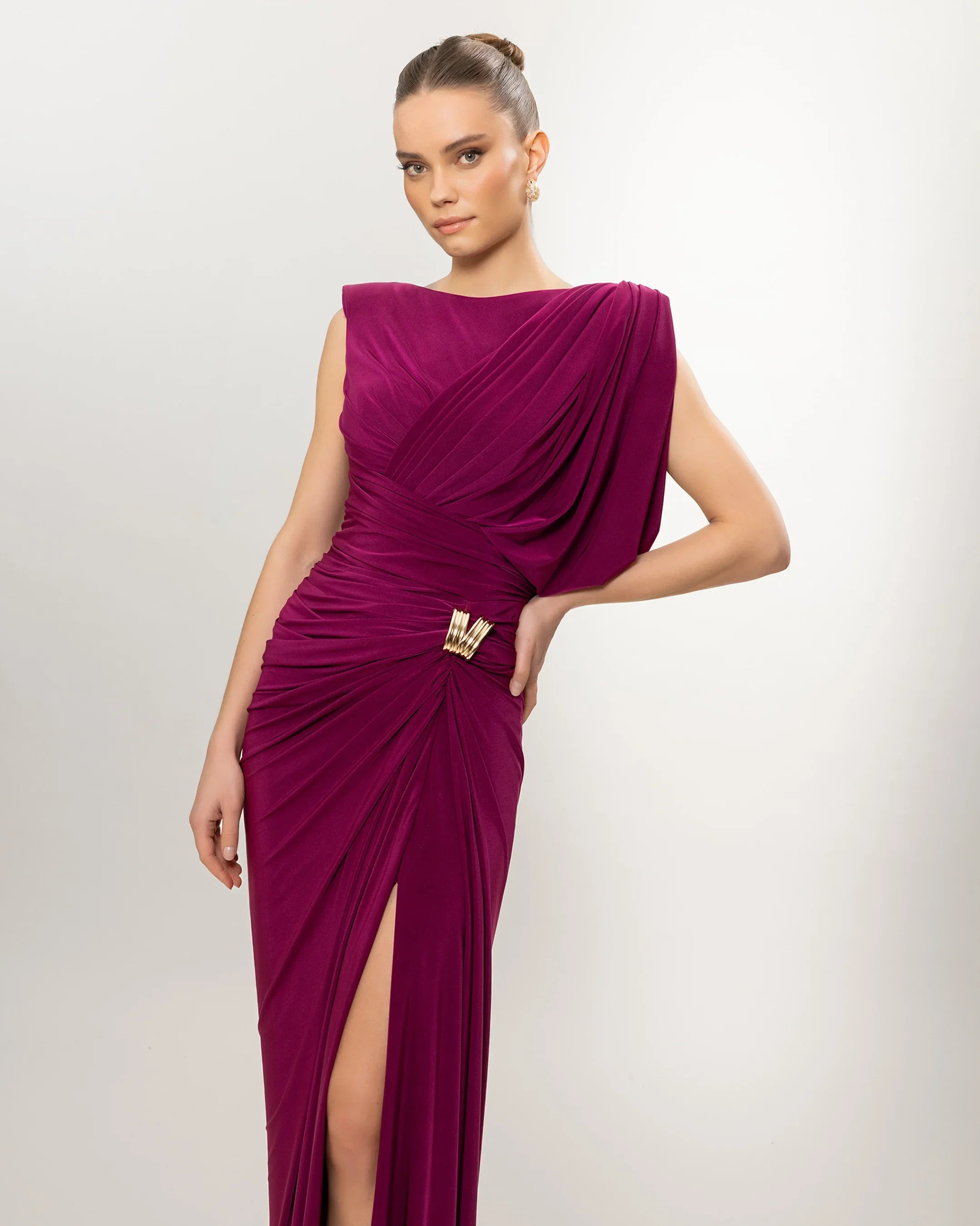 26131-Long Evening Dress with Draped One-Shoulder Detail and Slit
