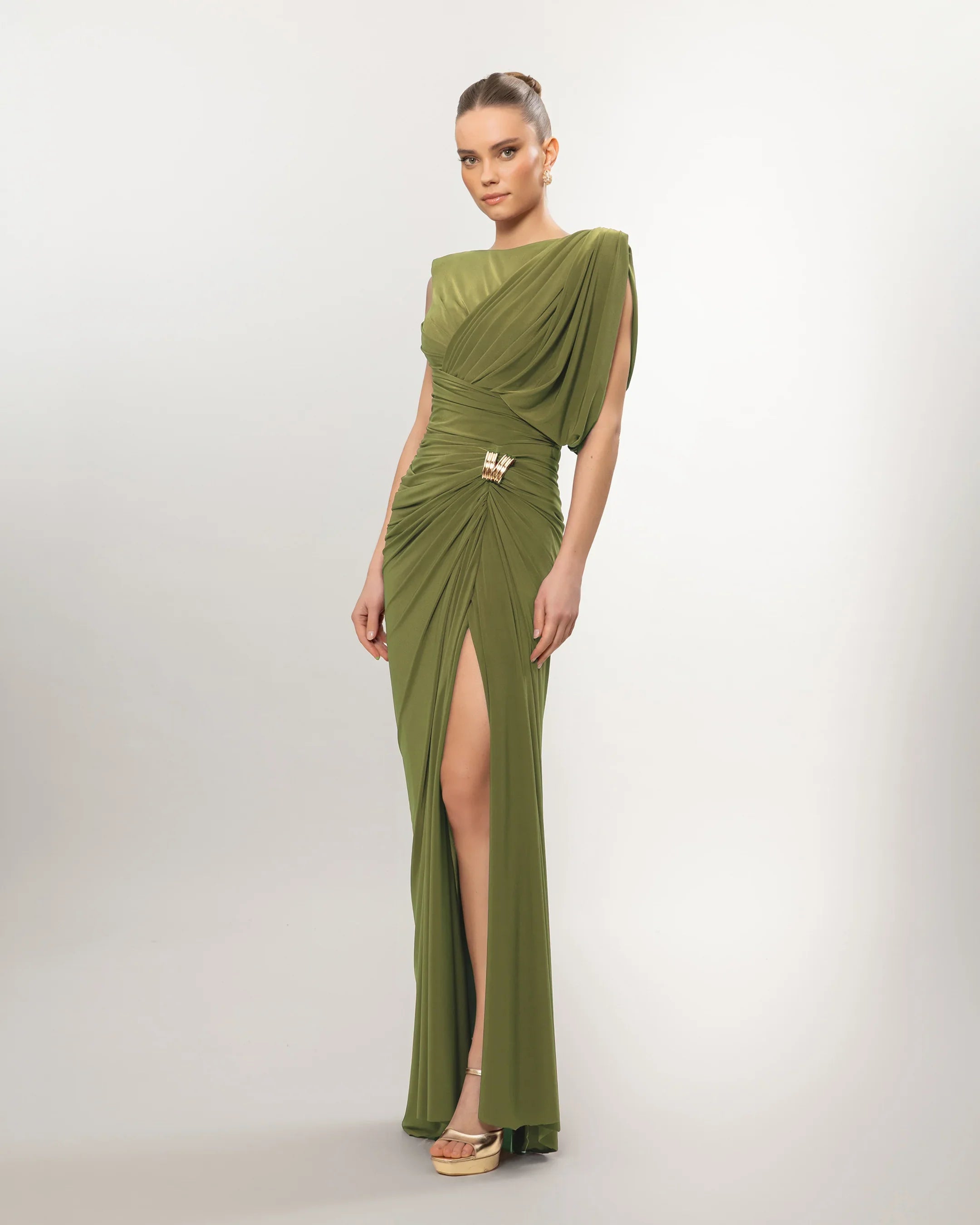 26131-Long Evening Dress with Draped One-Shoulder Detail and Slit