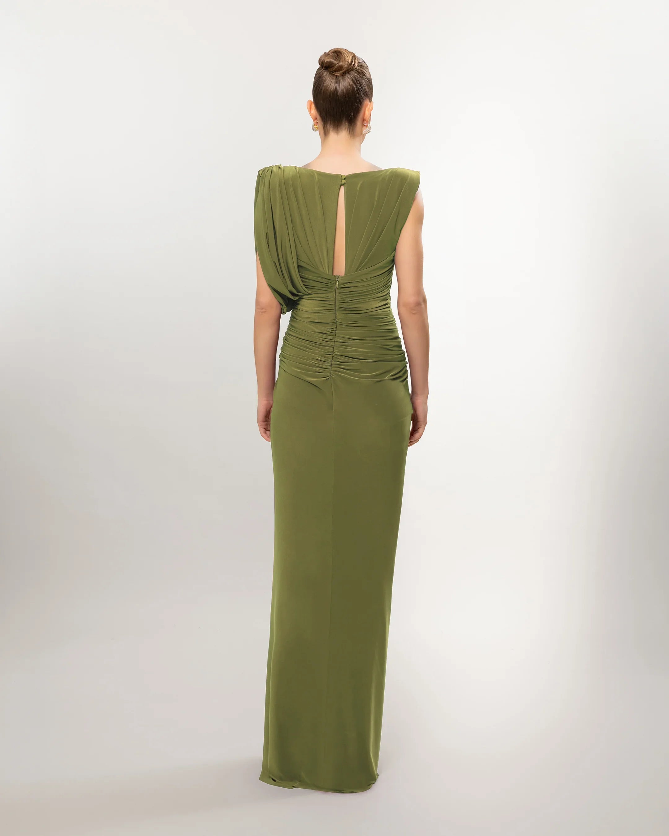 26131-Long Evening Dress with Draped One-Shoulder Detail and Slit