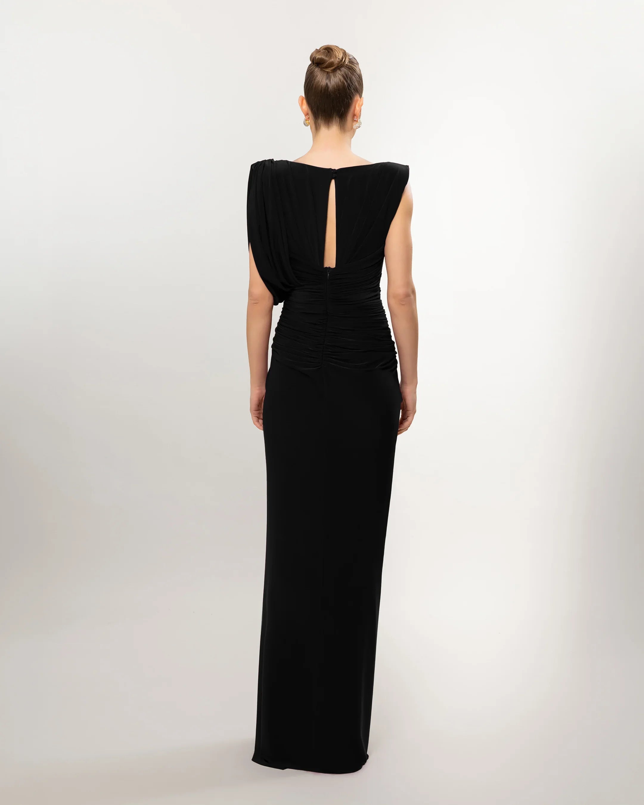 26131-Long Evening Dress with Draped One-Shoulder Detail and Slit