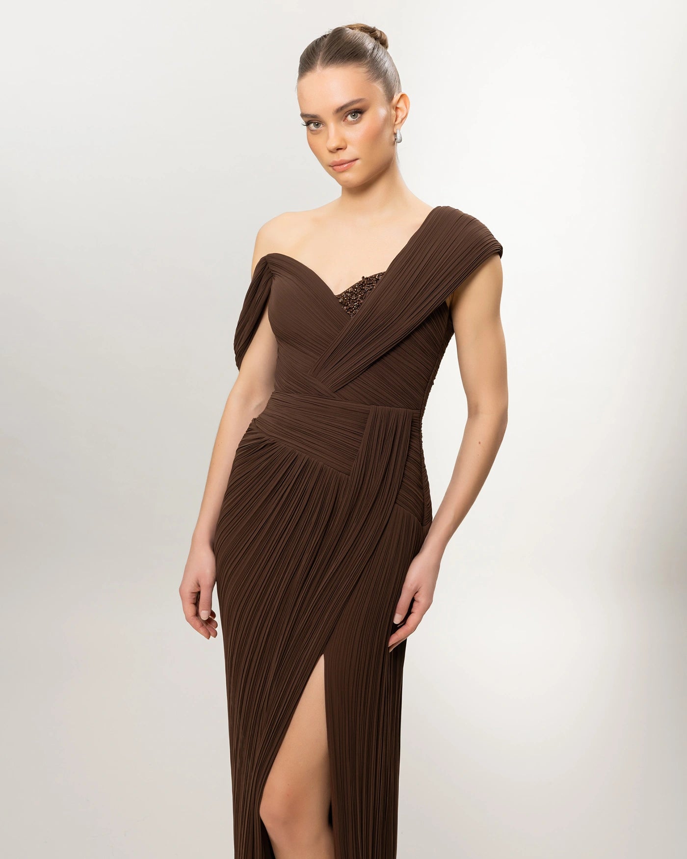 26132-Asymmetric Shoulder Draped Pleated Slit Long Evening Dress