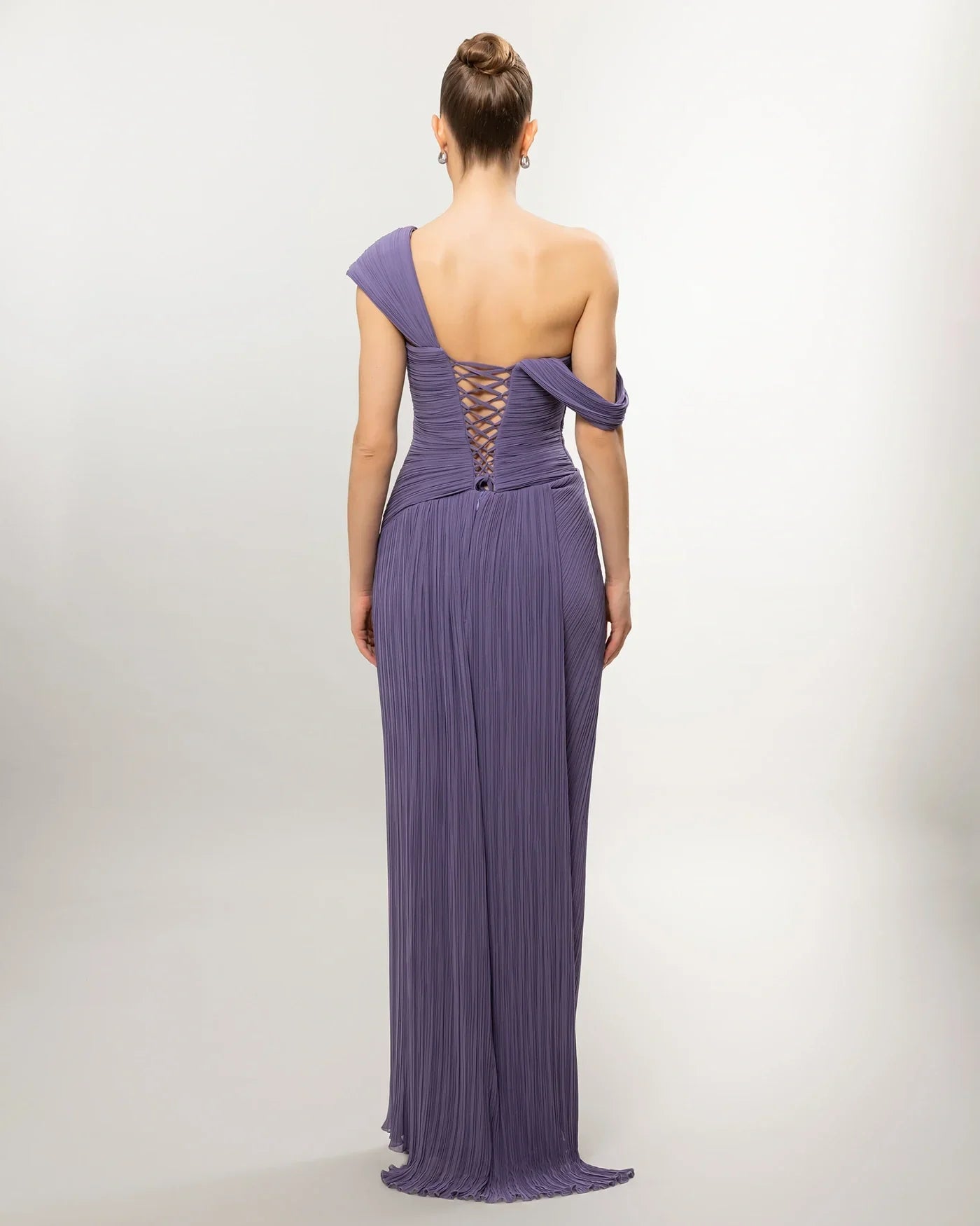 26132-Asymmetric Shoulder Draped Pleated Slit Long Evening Dress