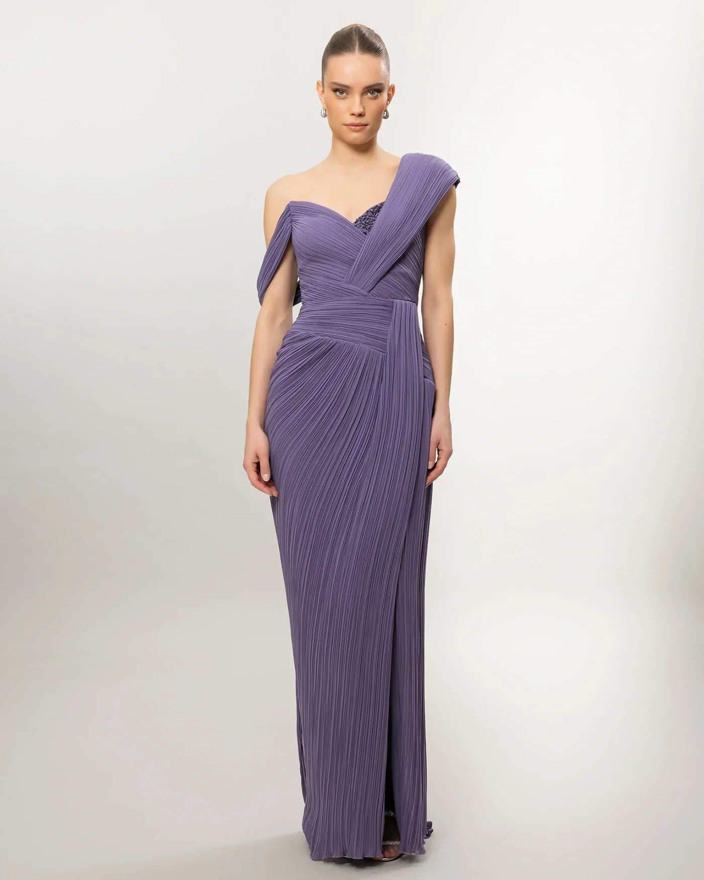 26132-Asymmetric Shoulder Draped Pleated Slit Long Evening Dress