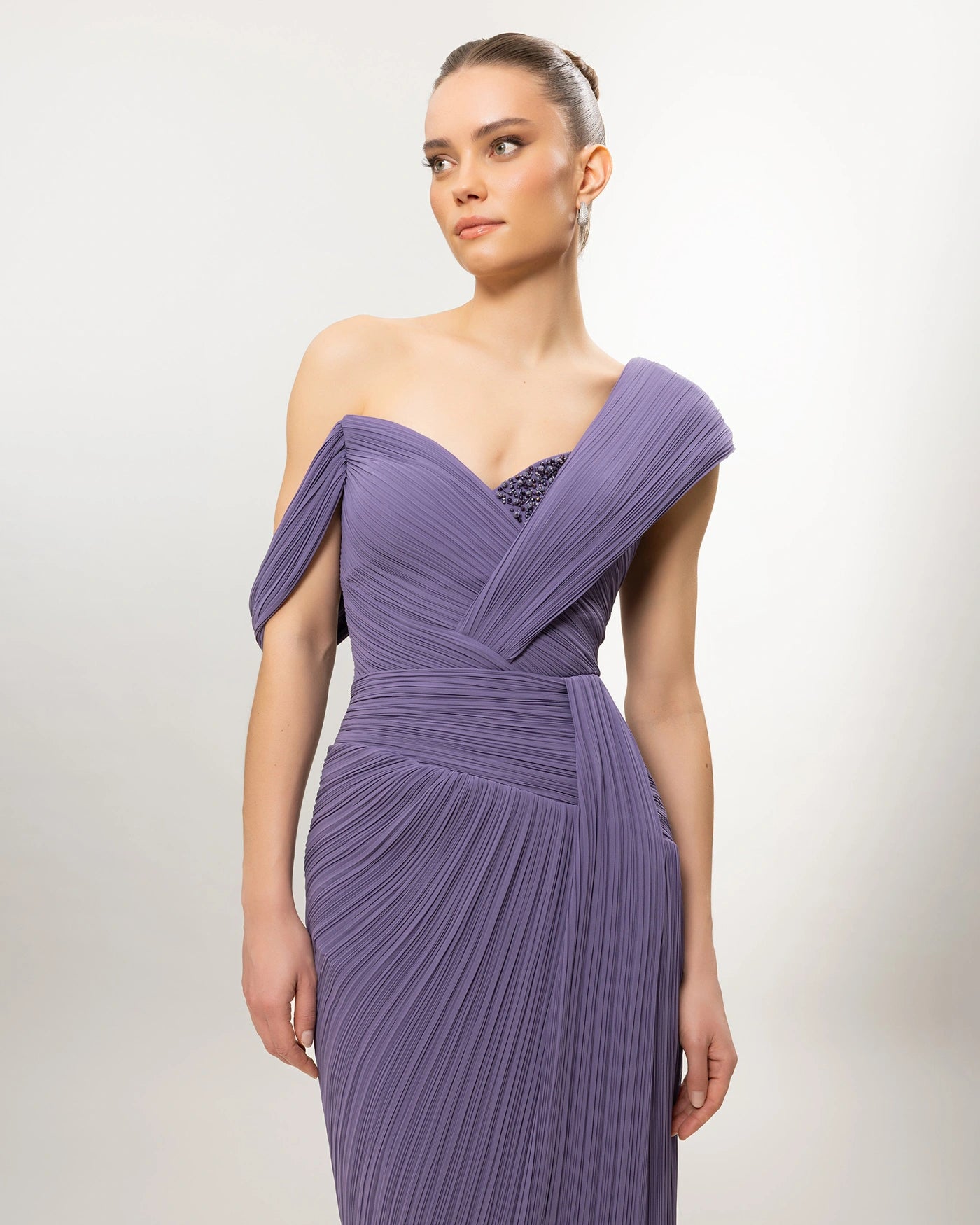 26132-Asymmetric Shoulder Draped Pleated Slit Long Evening Dress