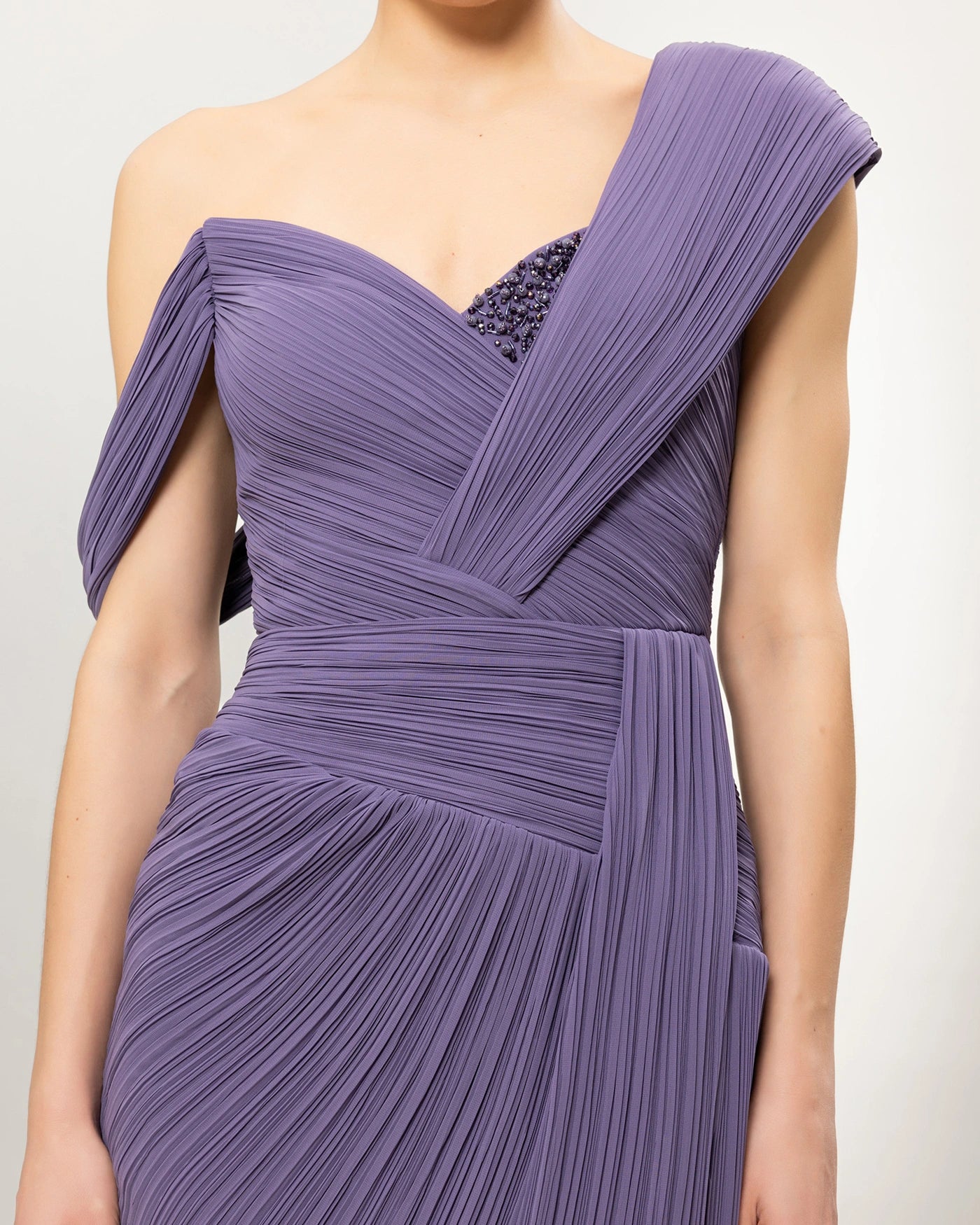 26132-Asymmetric Shoulder Draped Pleated Slit Long Evening Dress