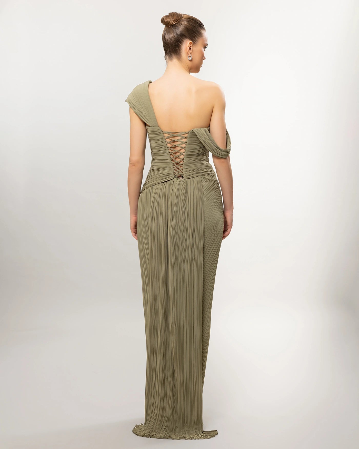 26132-Asymmetric Shoulder Draped Pleated Slit Long Evening Dress