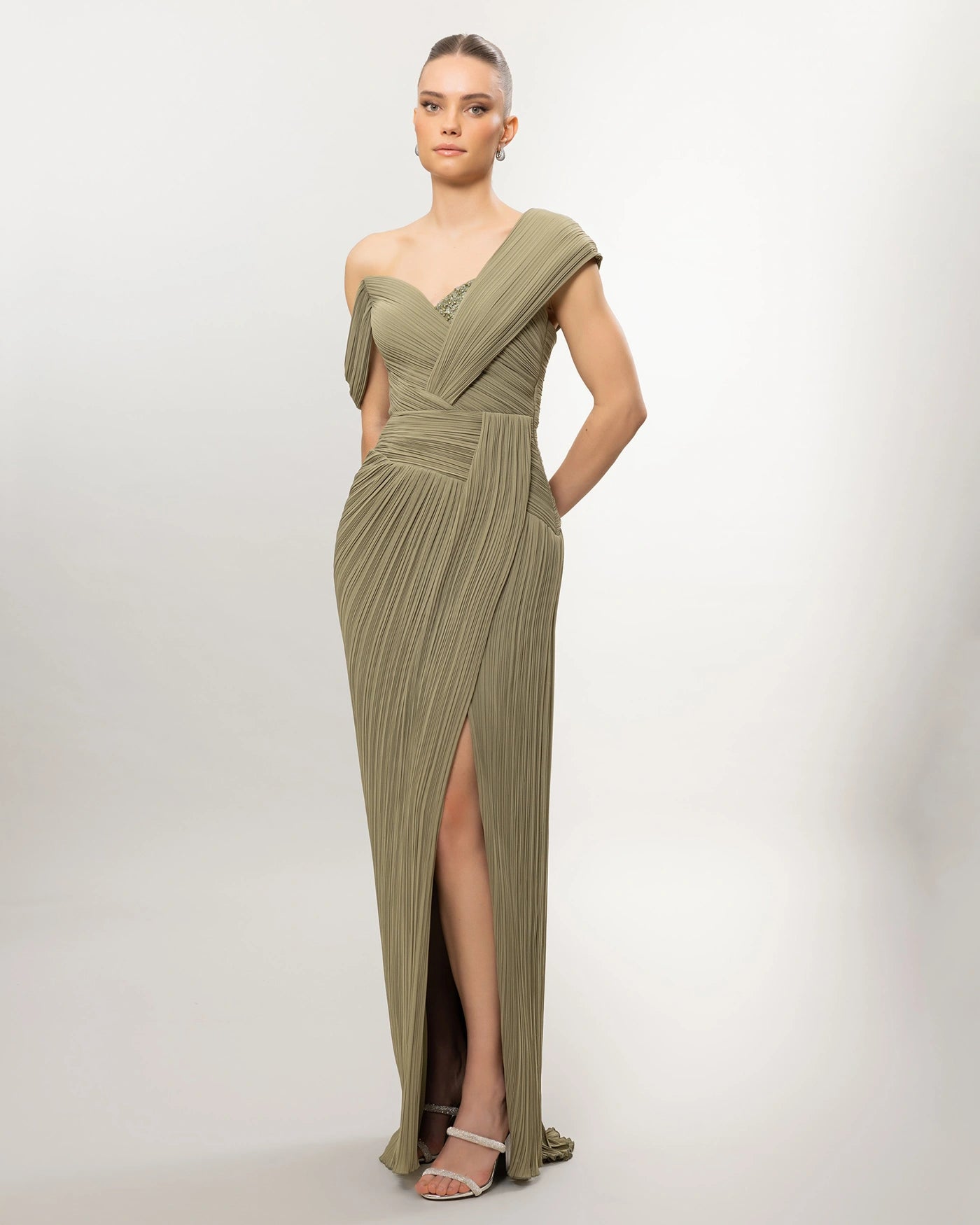 26132-Asymmetric Shoulder Draped Pleated Slit Long Evening Dress