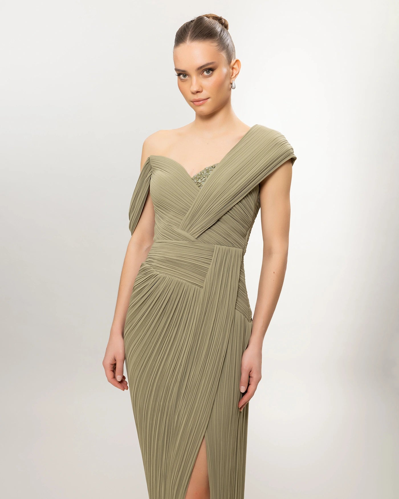 26132-Asymmetric Shoulder Draped Pleated Slit Long Evening Dress