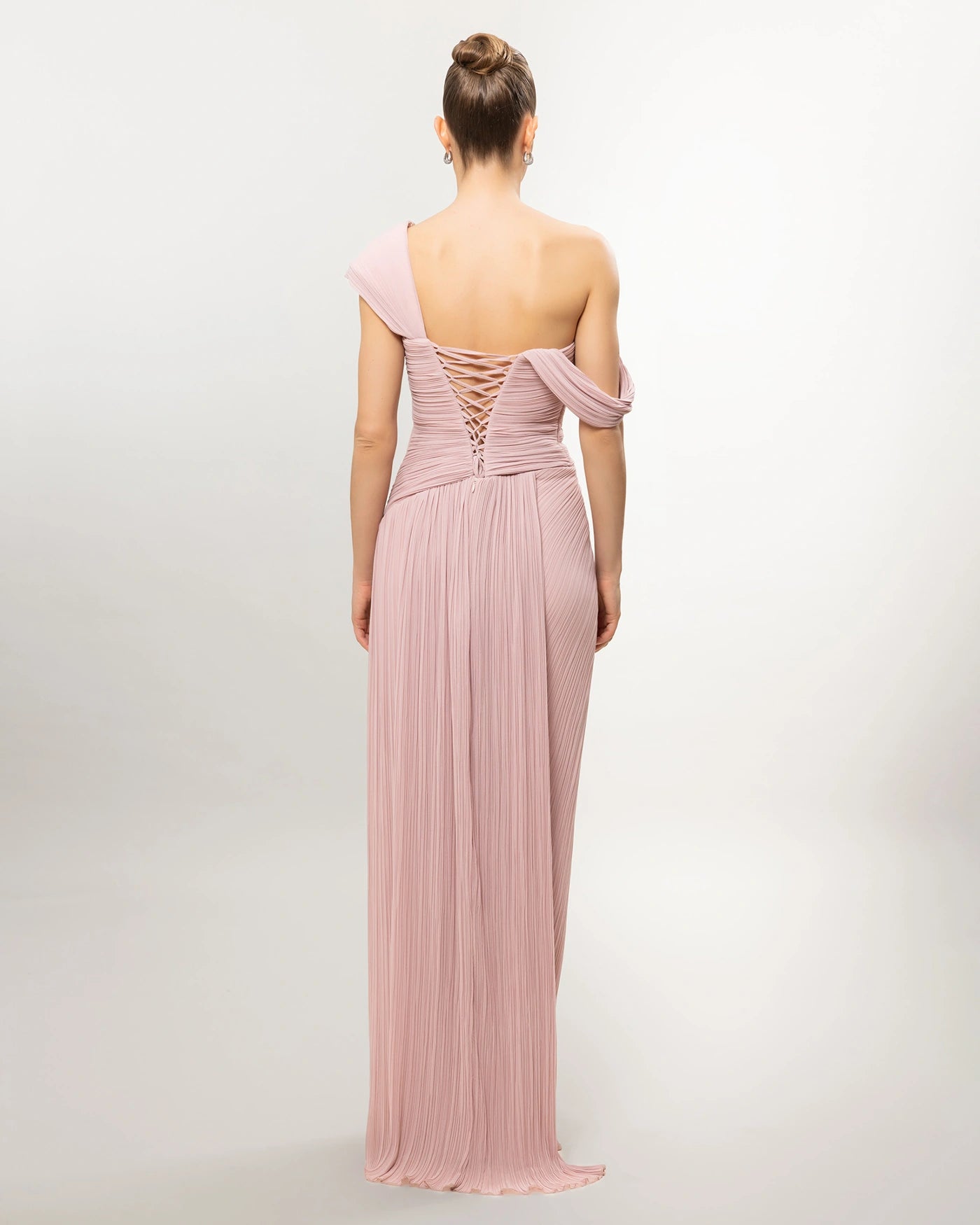 26132-Asymmetric Shoulder Draped Pleated Slit Long Evening Dress