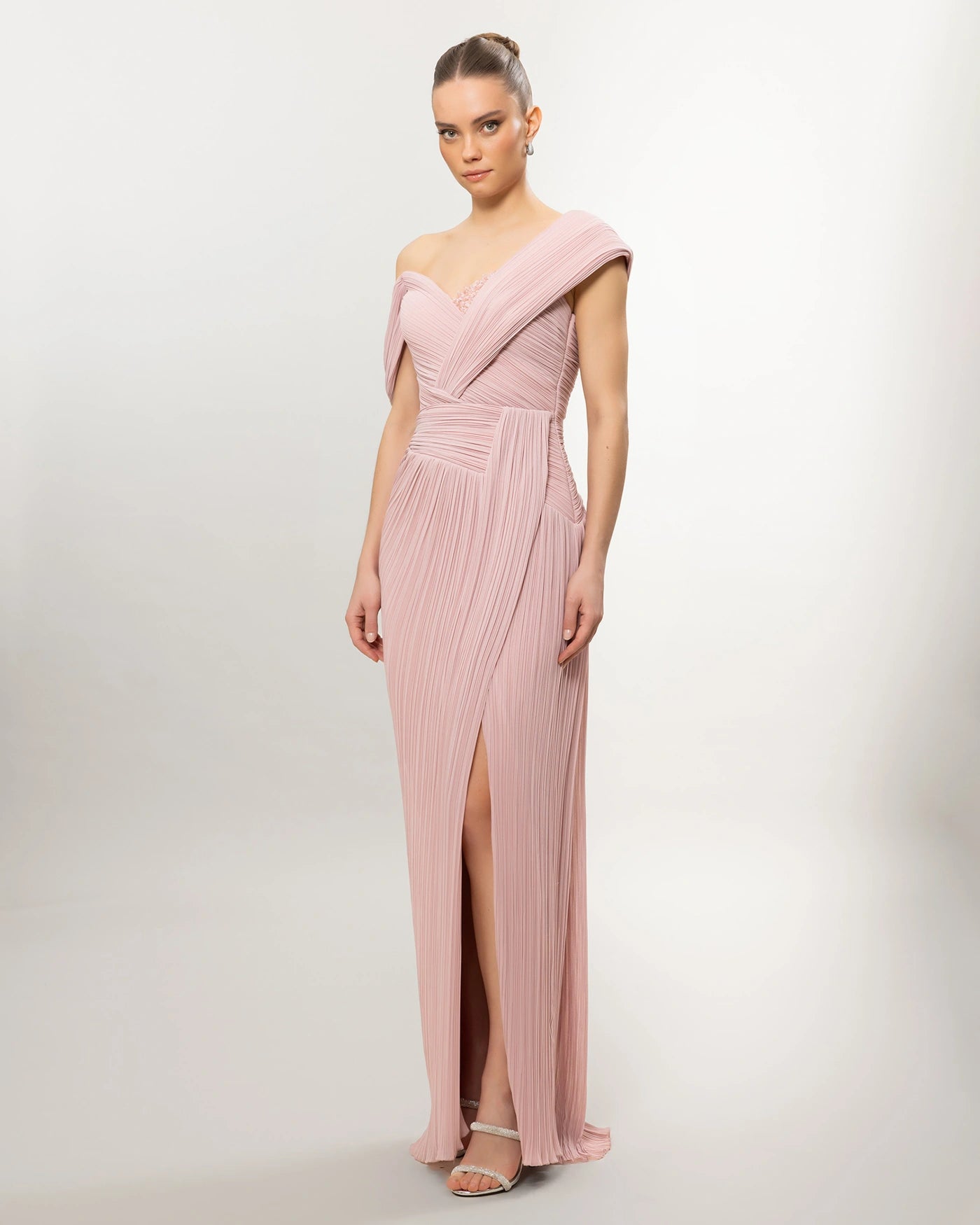 26132-Asymmetric Shoulder Draped Pleated Slit Long Evening Dress