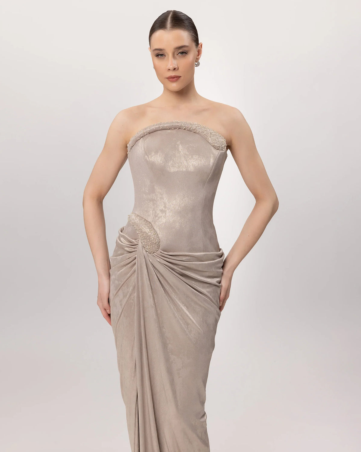 26135-Strapless, Stone Embellished, Draped Long Evening Dress