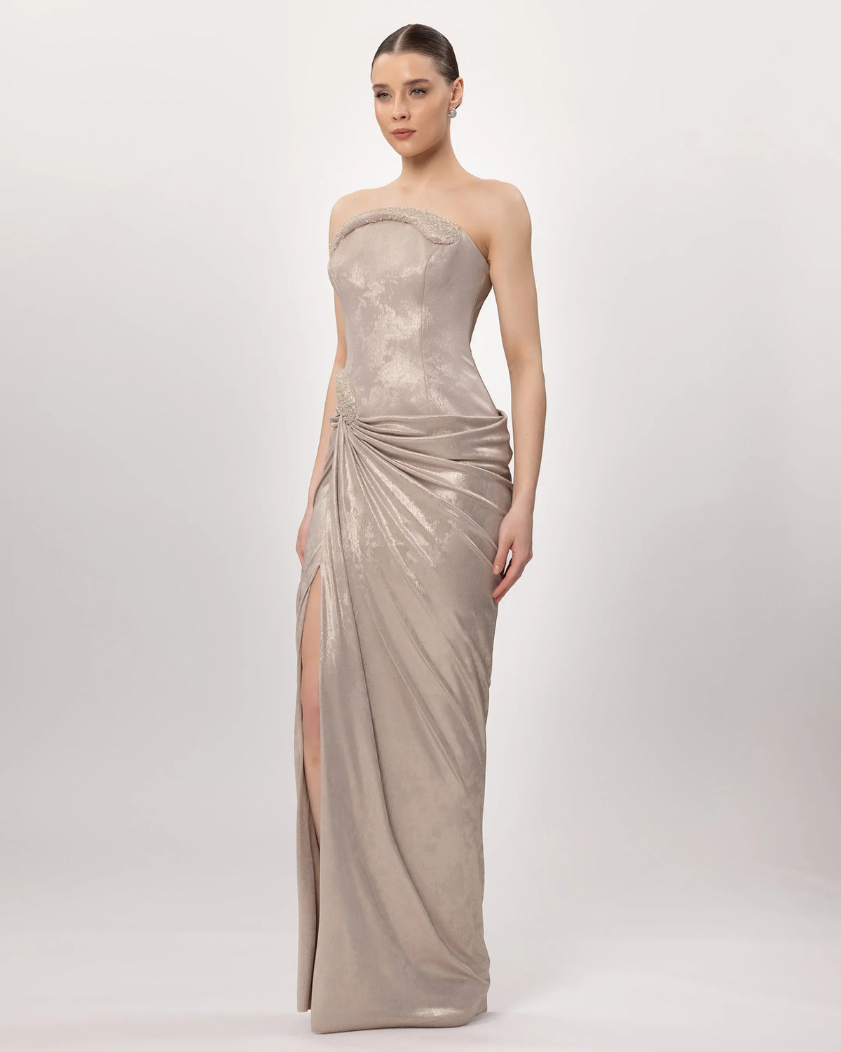 26135-Strapless, Stone Embellished, Draped Long Evening Dress