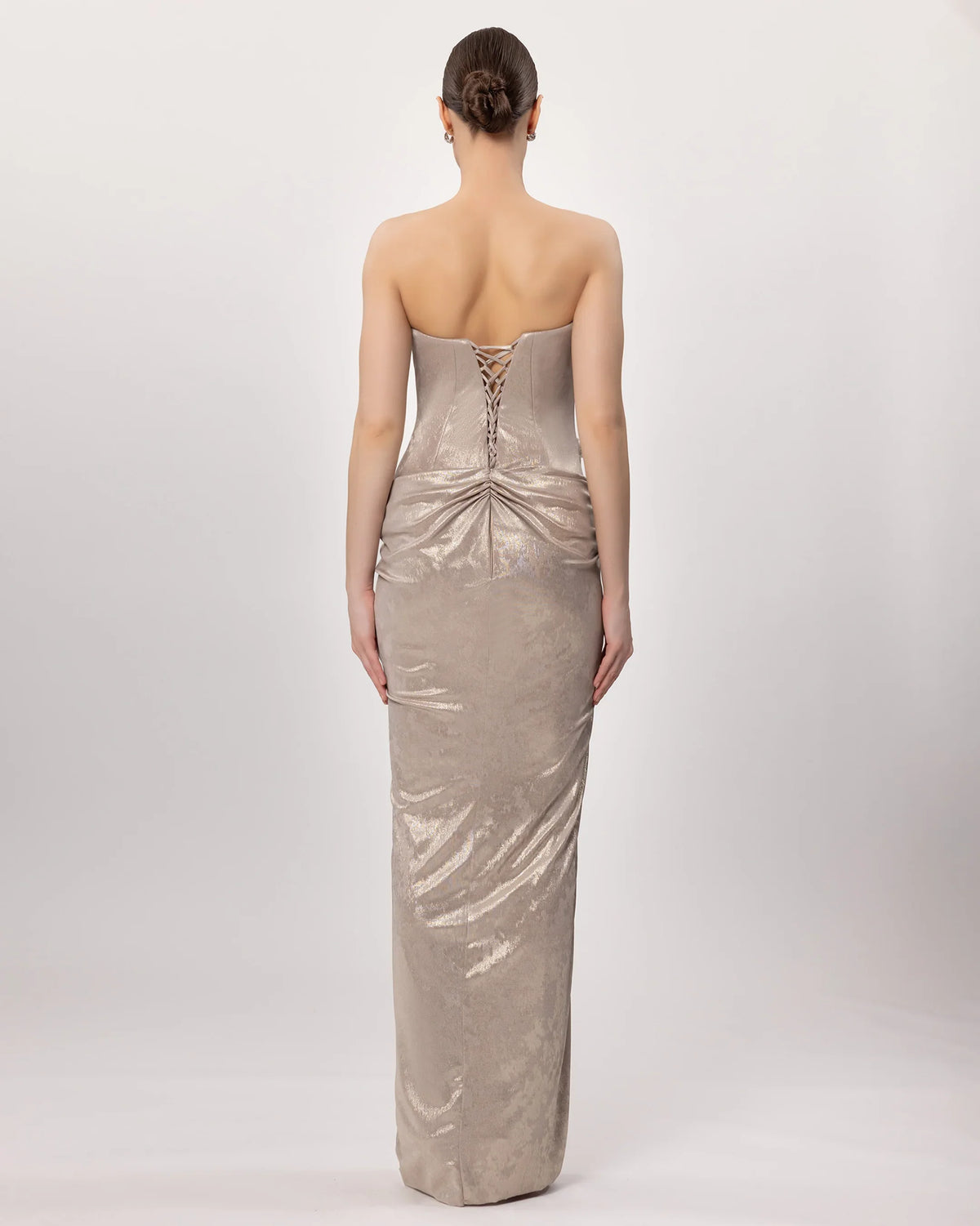 26135-Strapless, Stone Embellished, Draped Long Evening Dress