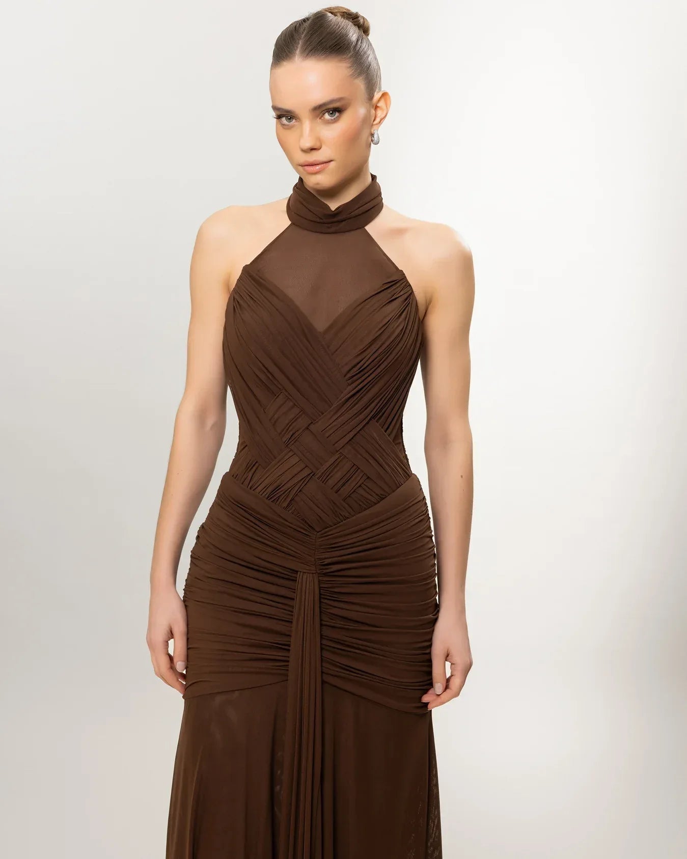 26136-Boyundan Bağlamalı Transparan Detaylı Uzun Abiye Elbise - Kenzel