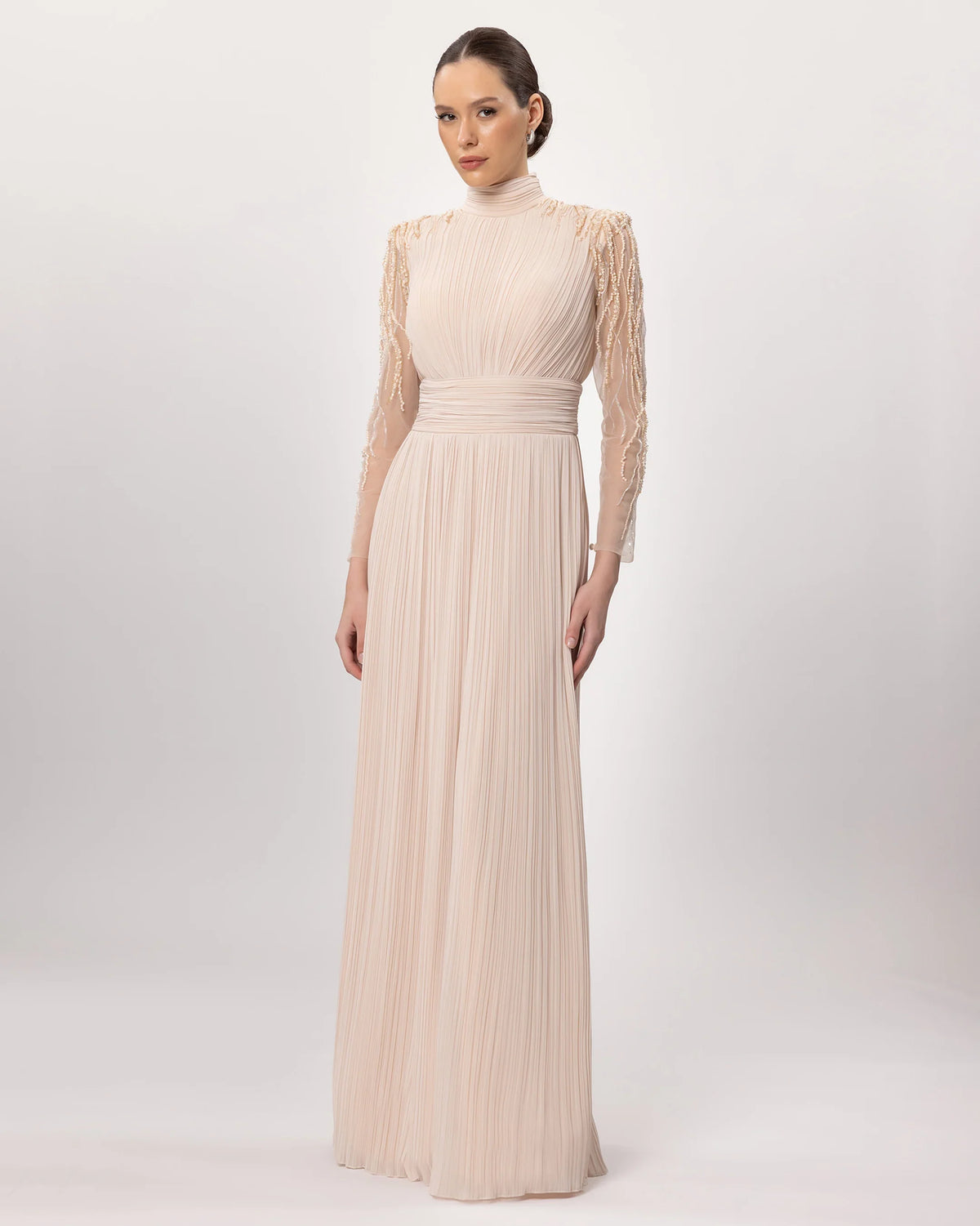 26143-Stand-Up Collar Pleated Long Sleeve Evening Dress
