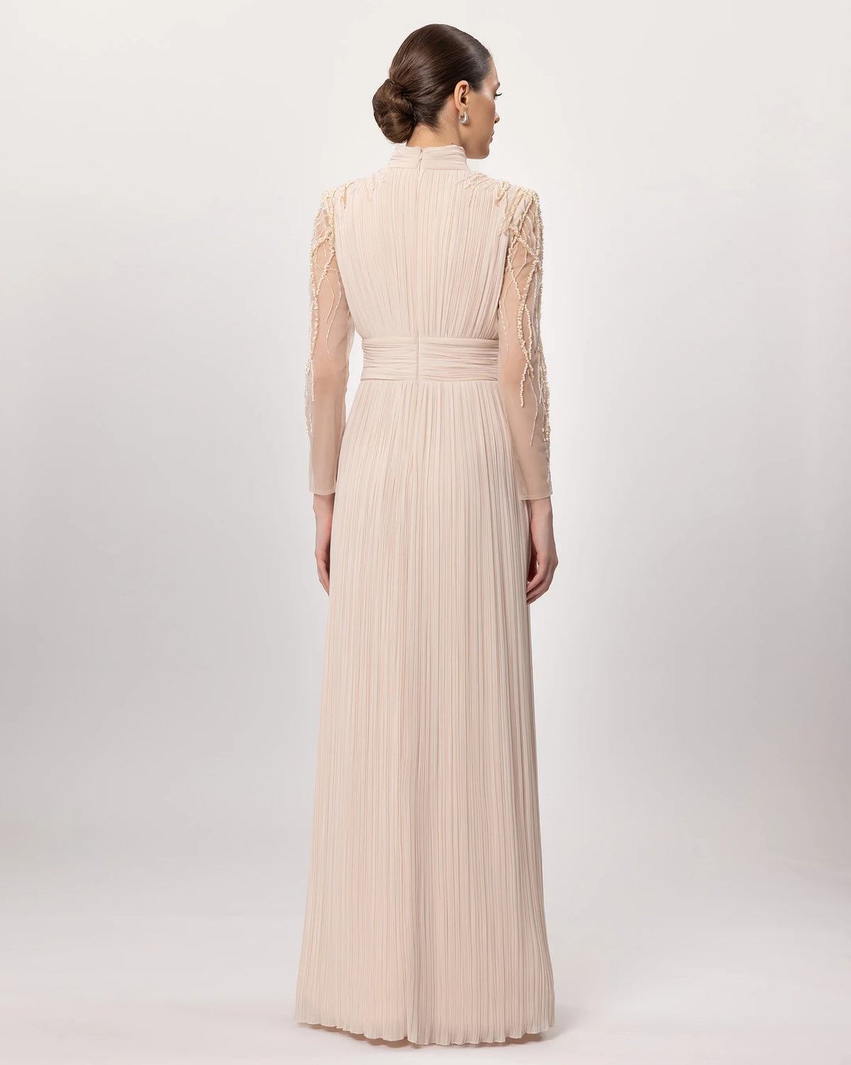 26143-Stand-Up Collar Pleated Long Sleeve Evening Dress