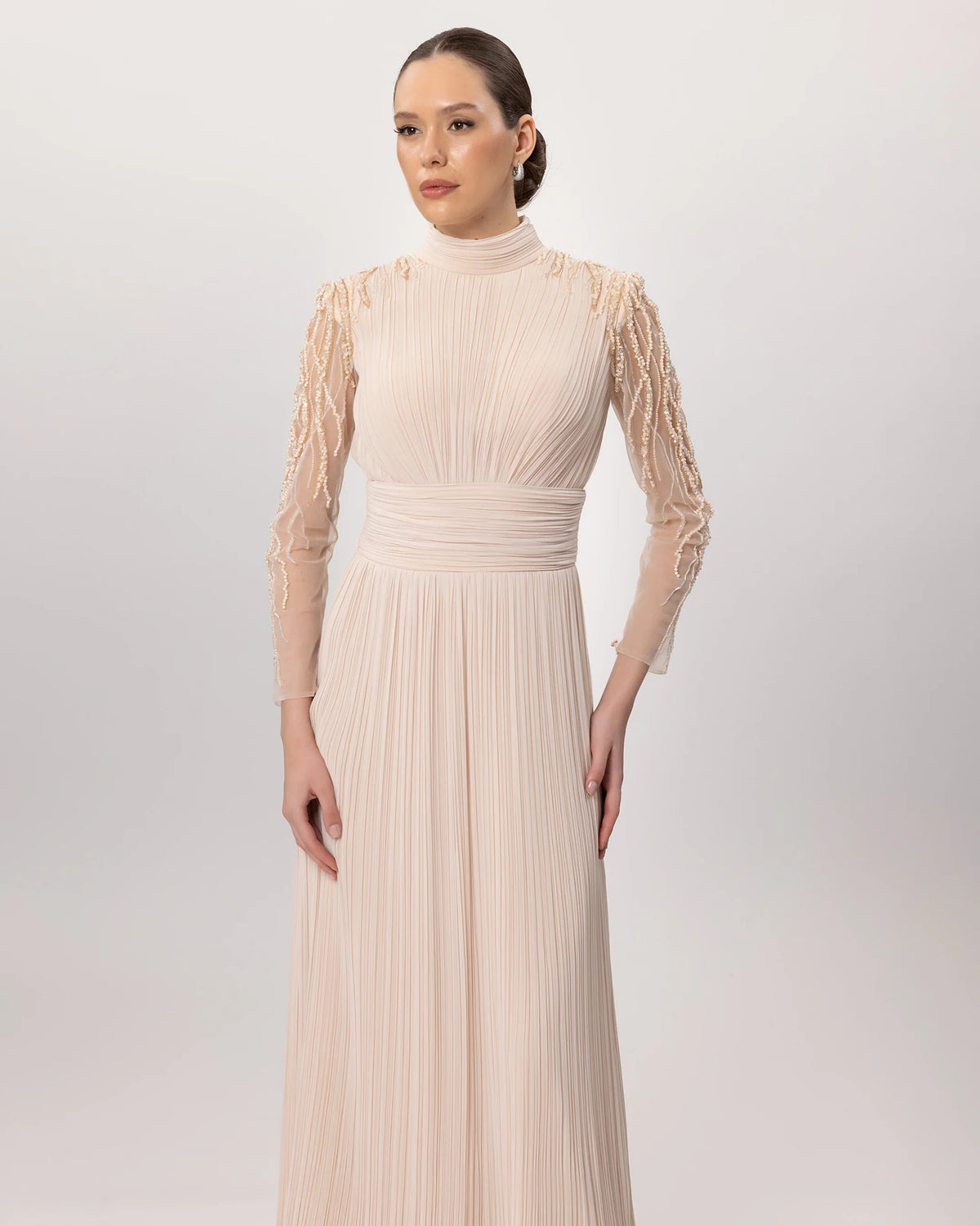 26143-Stand-Up Collar Pleated Long Sleeve Evening Dress