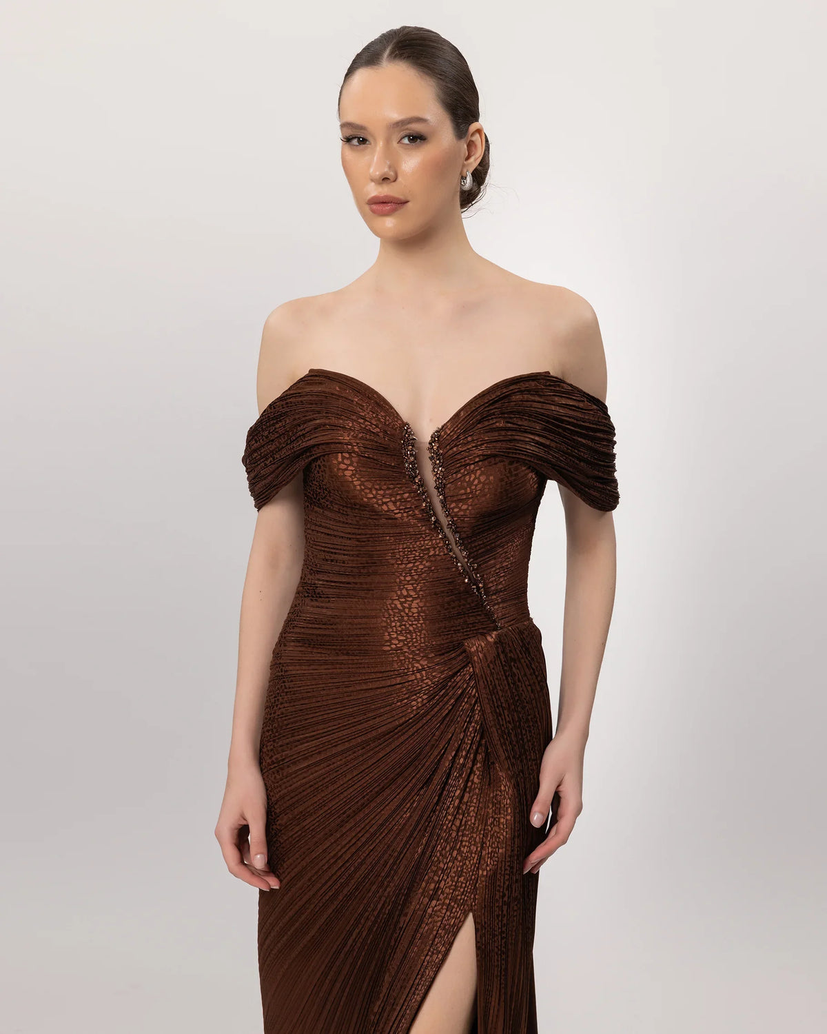 26146-Low Shoulder Slit Evening Dress