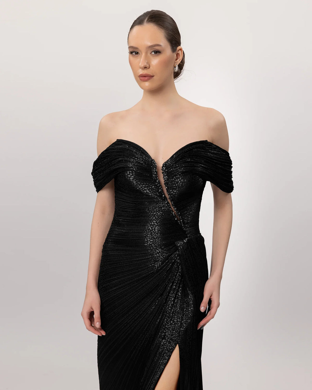 26146-Low Shoulder Slit Evening Dress