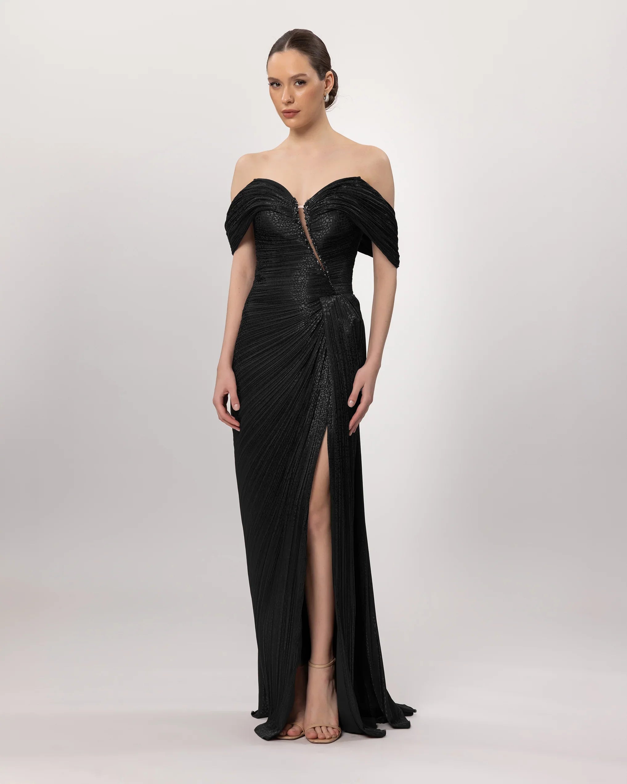 26146-Low Shoulder Slit Evening Dress