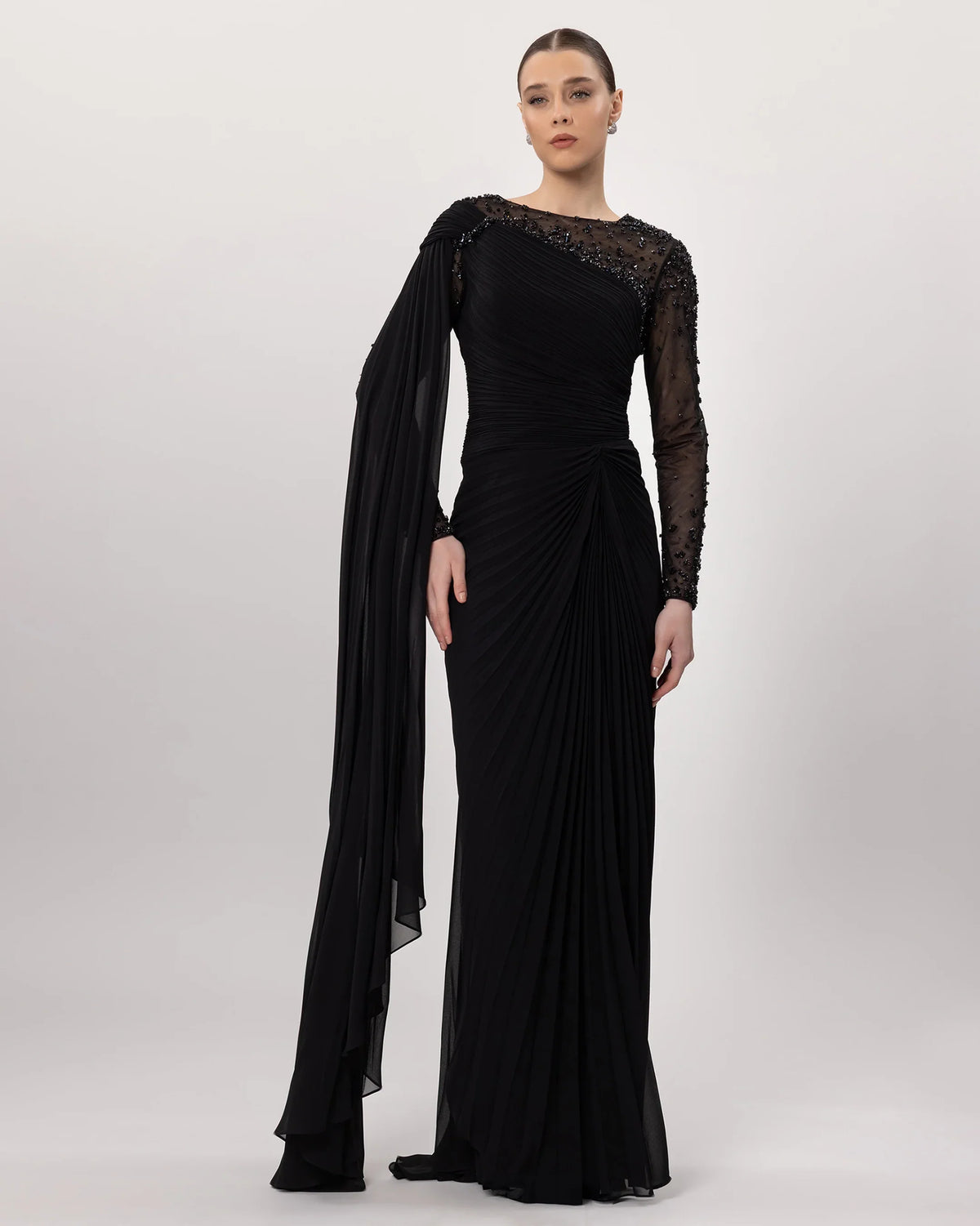 26149-One-Shoulder Cape Detail, Pleated Evening Dress