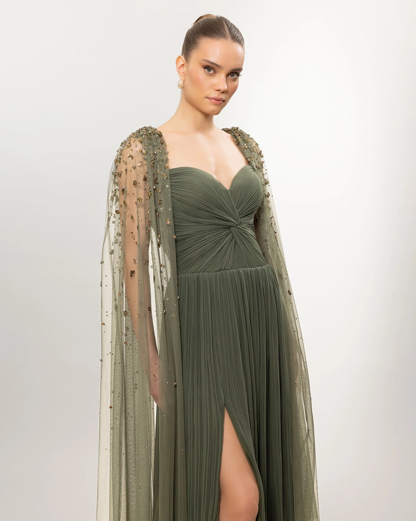 26158-Long Evening Dress with Pleated and Embroidered Cape Detail on Shoulder