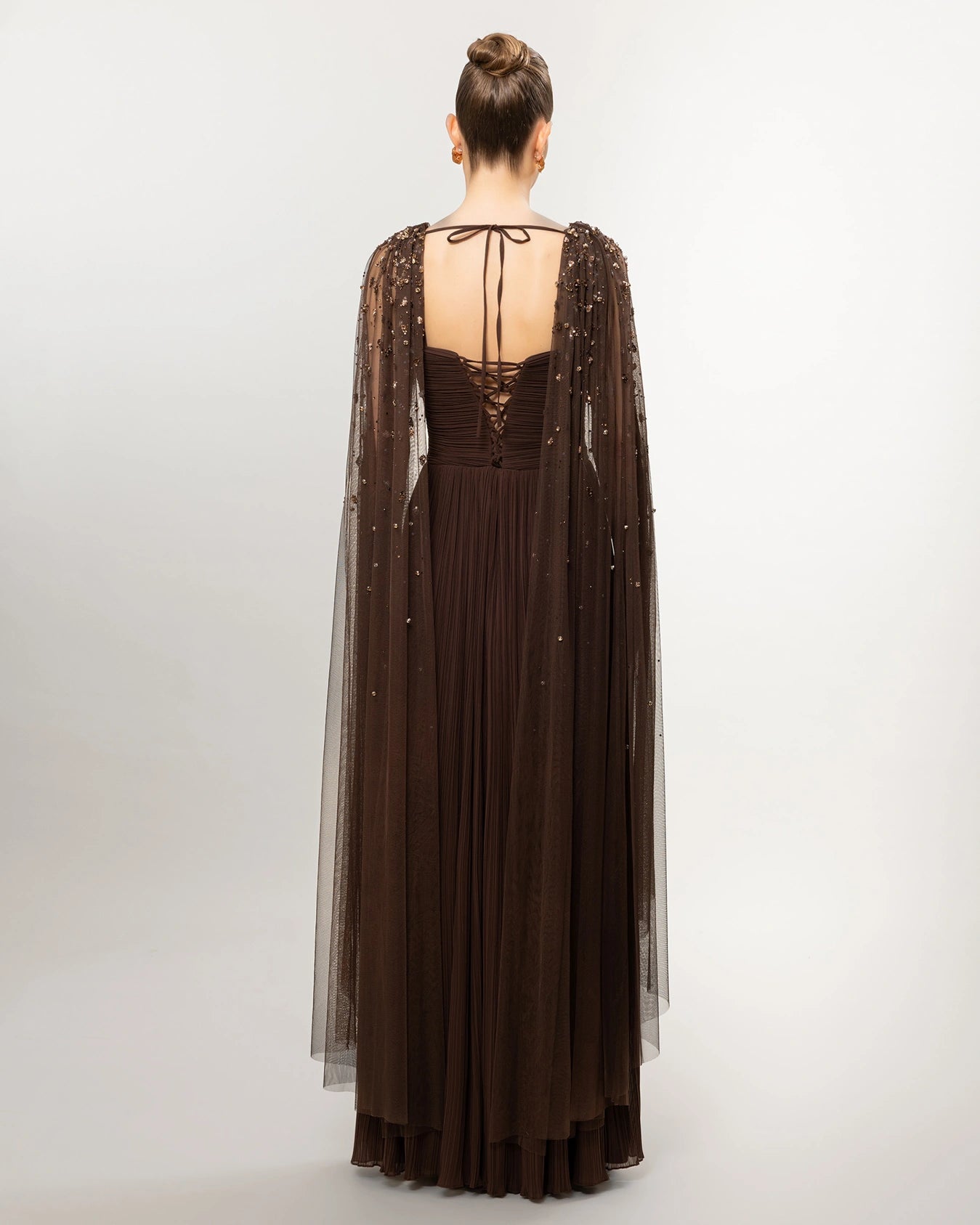 26158-Long Evening Dress with Pleated and Embroidered Cape Detail on Shoulder