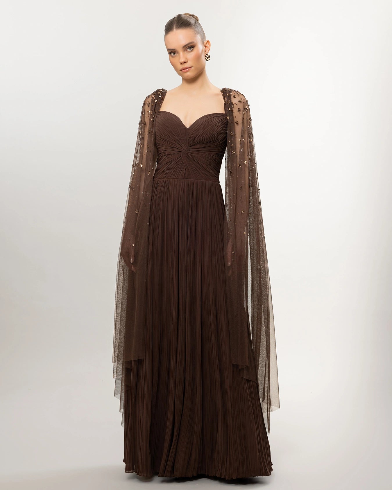 26158-Long Evening Dress with Pleated and Embroidered Cape Detail on Shoulder