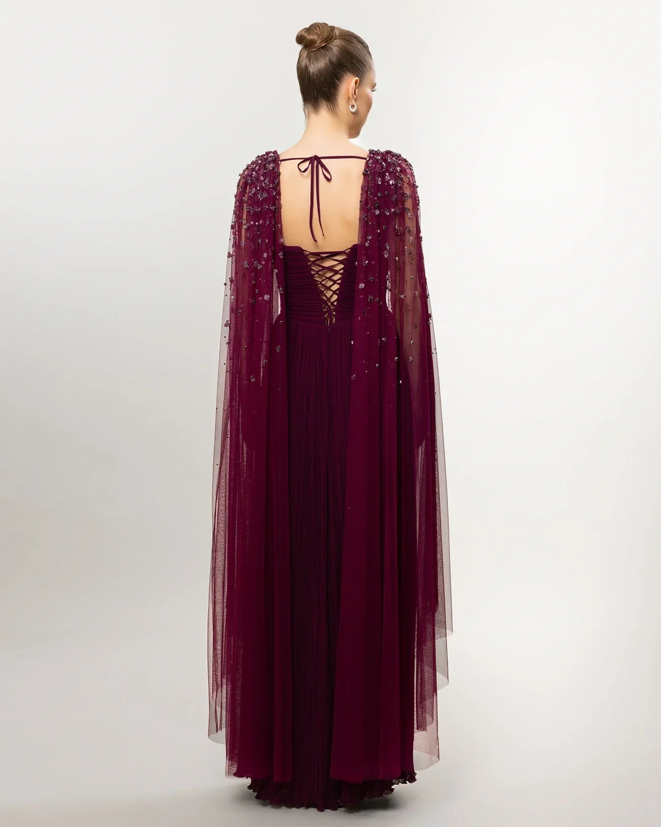 26158-Long Evening Dress with Pleated and Embroidered Cape Detail on Shoulder