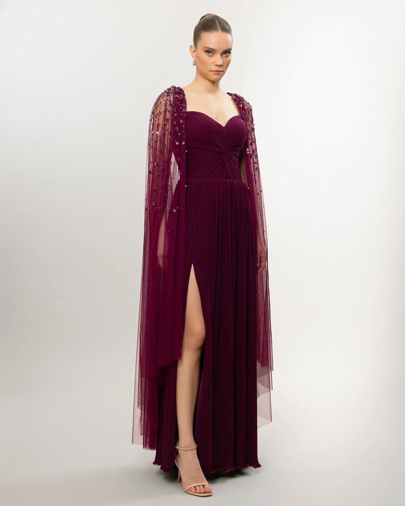 26158-Long Evening Dress with Pleated and Embroidered Cape Detail on Shoulder