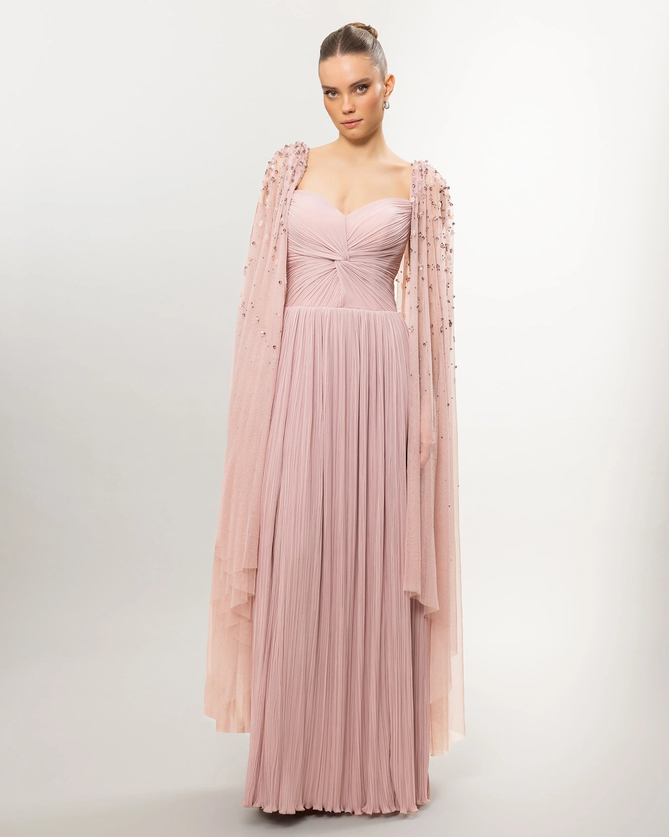 26158-Long Evening Dress with Pleated and Embroidered Cape Detail on Shoulder