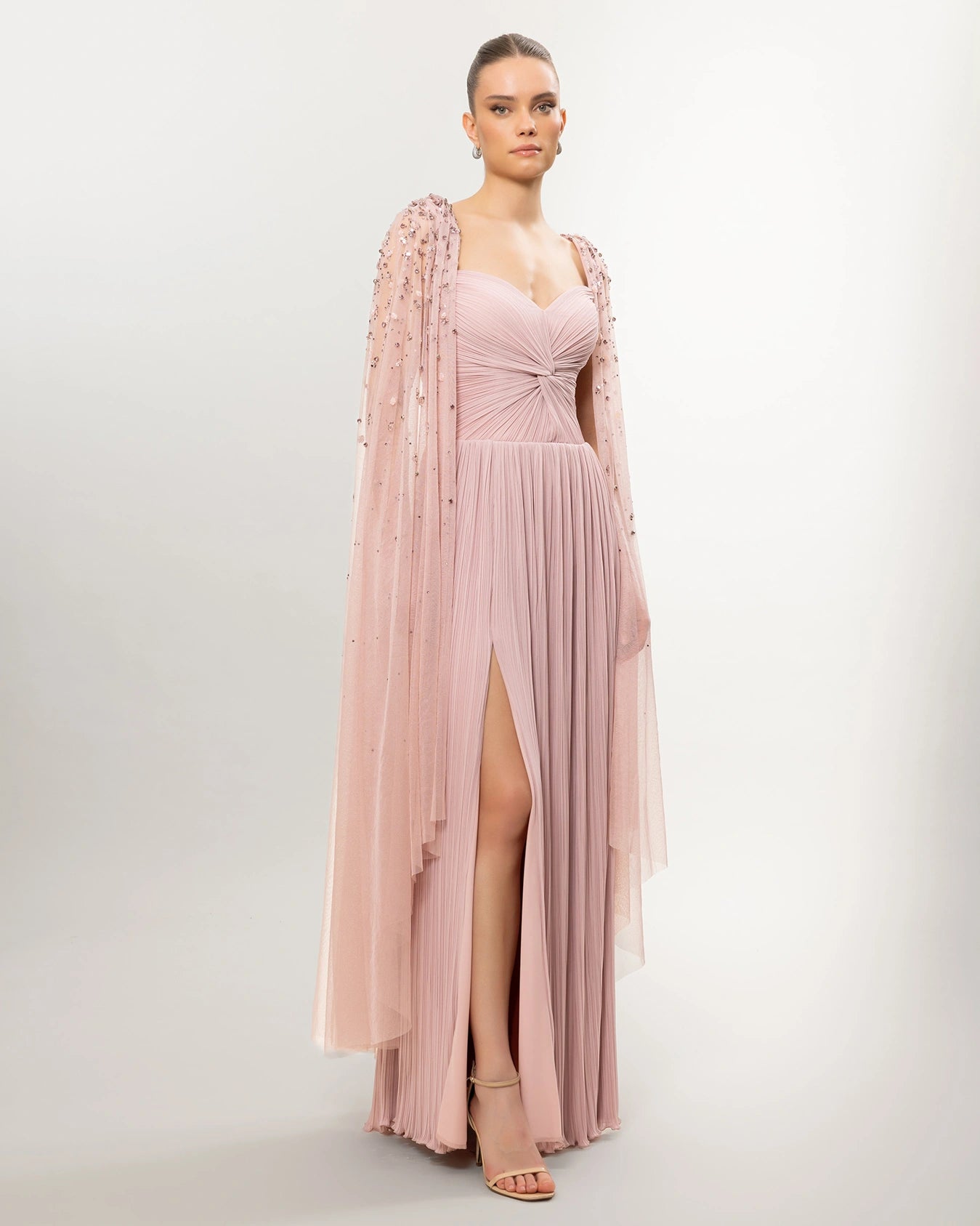 26158-Long Evening Dress with Pleated and Embroidered Cape Detail on Shoulder