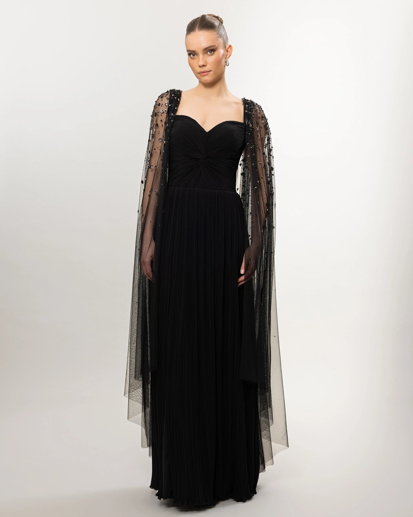 26158-Long Evening Dress with Pleated and Embroidered Cape Detail on Shoulder