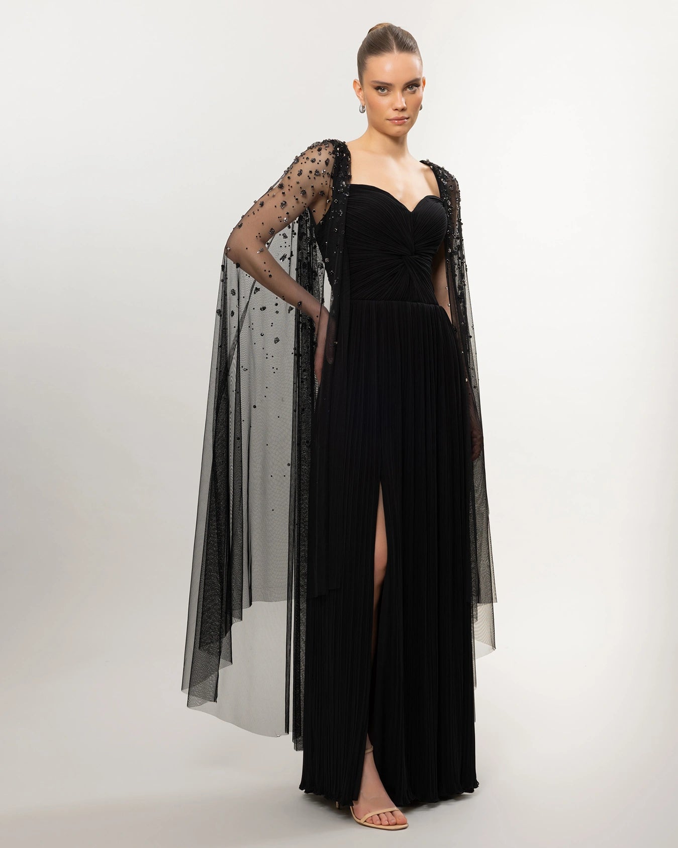 26158-Long Evening Dress with Pleated and Embroidered Cape Detail on Shoulder