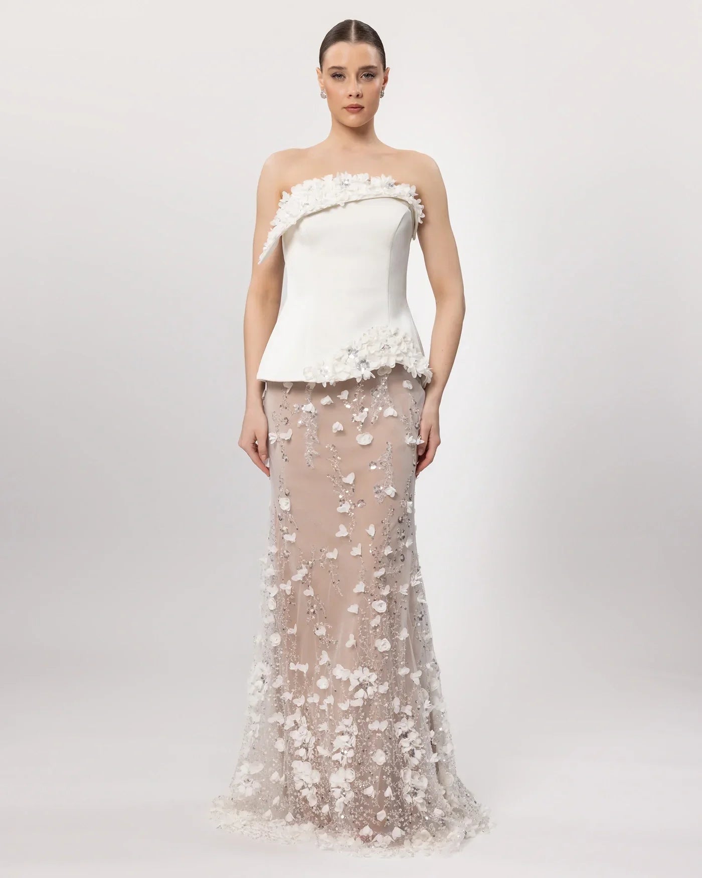 26162-Çiçek Aplikeli Straplez Couture Abiye Elbise. - Kenzel