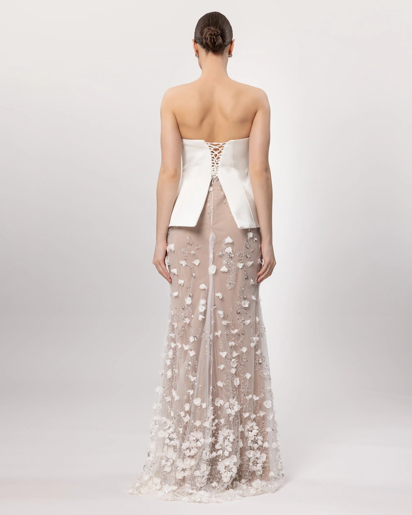 26162-Çiçek Aplikeli Straplez Couture Abiye Elbise.