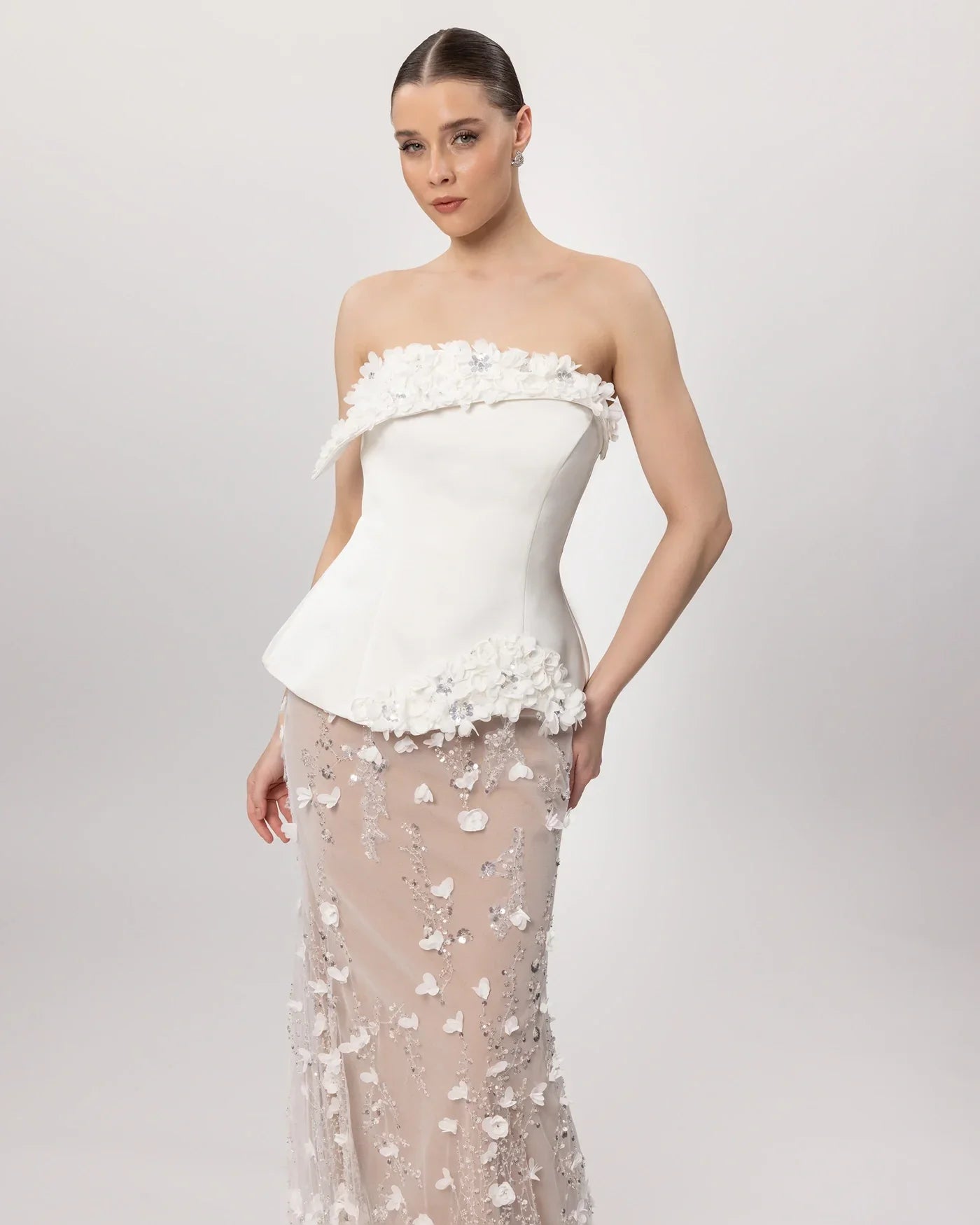 26162-Çiçek Aplikeli Straplez Couture Abiye Elbise. - Kenzel