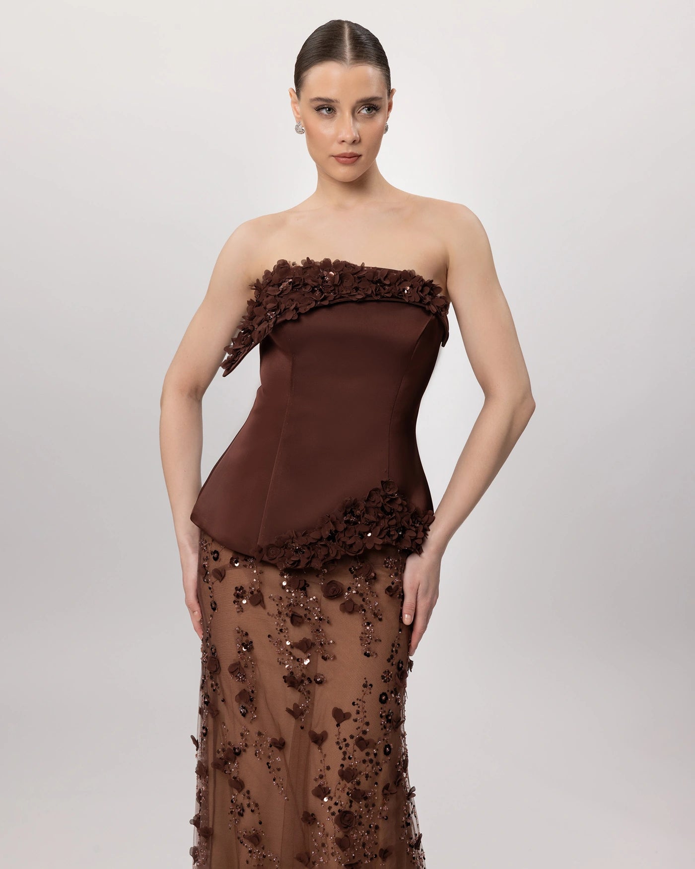 26162-Çiçek Aplikeli Straplez Couture Abiye Elbise.