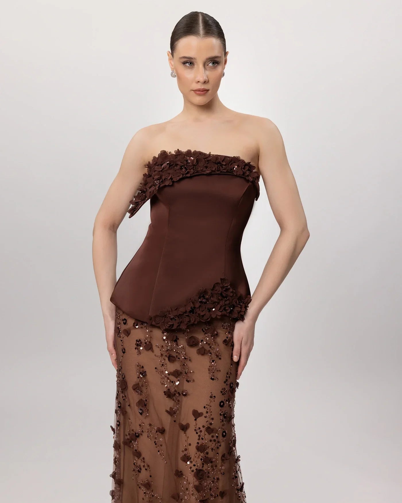 26162-Çiçek Aplikeli Straplez Couture Abiye Elbise. - Kenzel