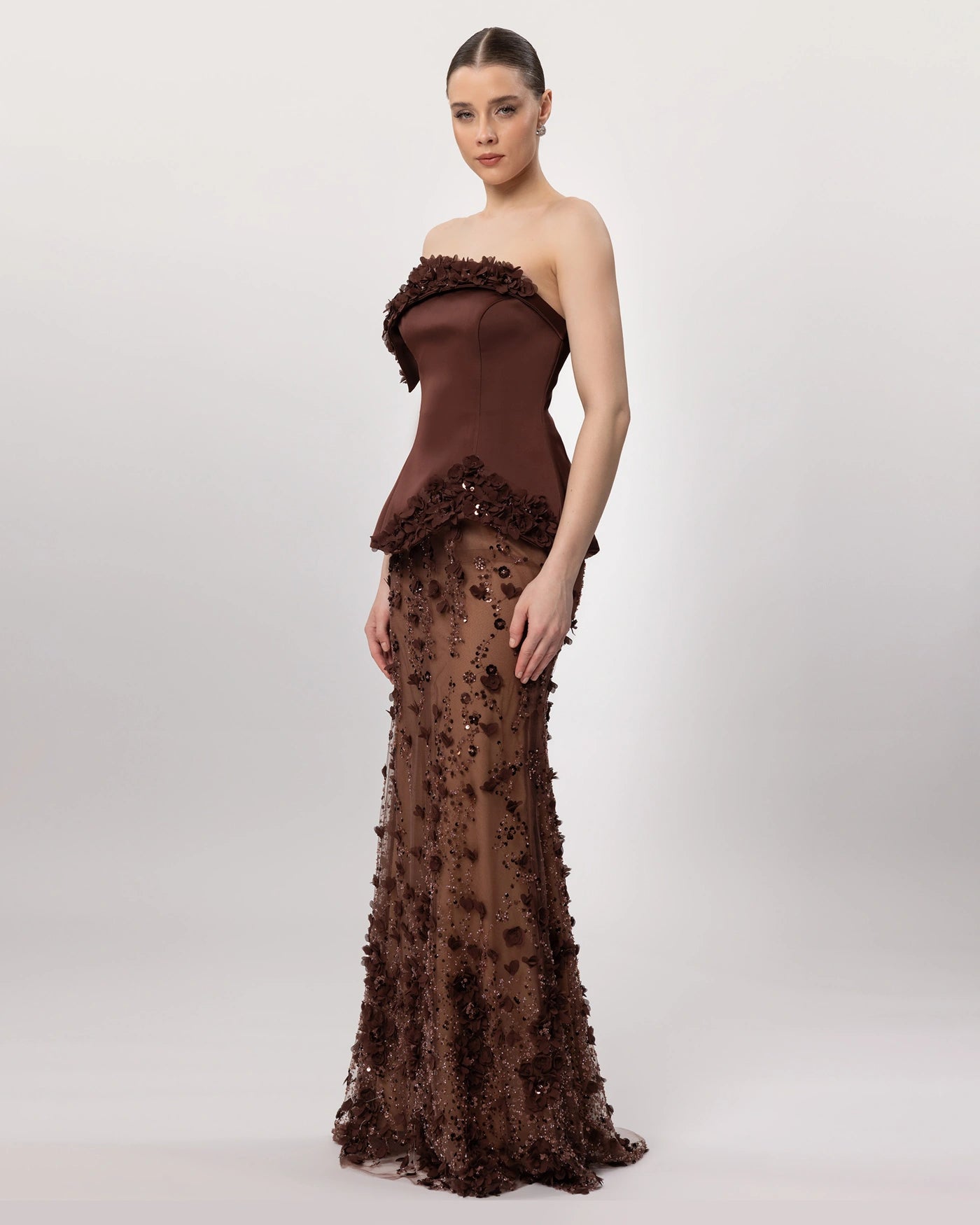 26162-Çiçek Aplikeli Straplez Couture Abiye Elbise.