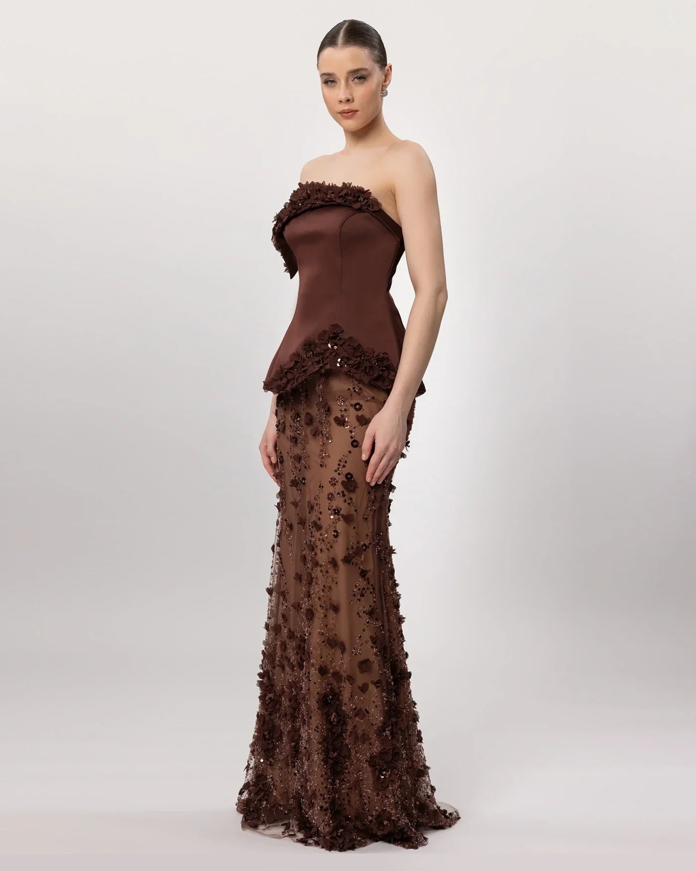 26162-Çiçek Aplikeli Straplez Couture Abiye Elbise. - Kenzel