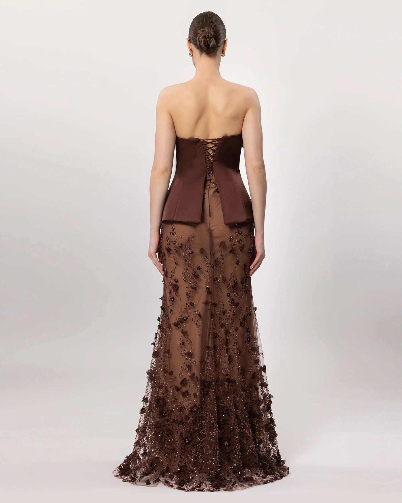 26162-Çiçek Aplikeli Straplez Couture Abiye Elbise.